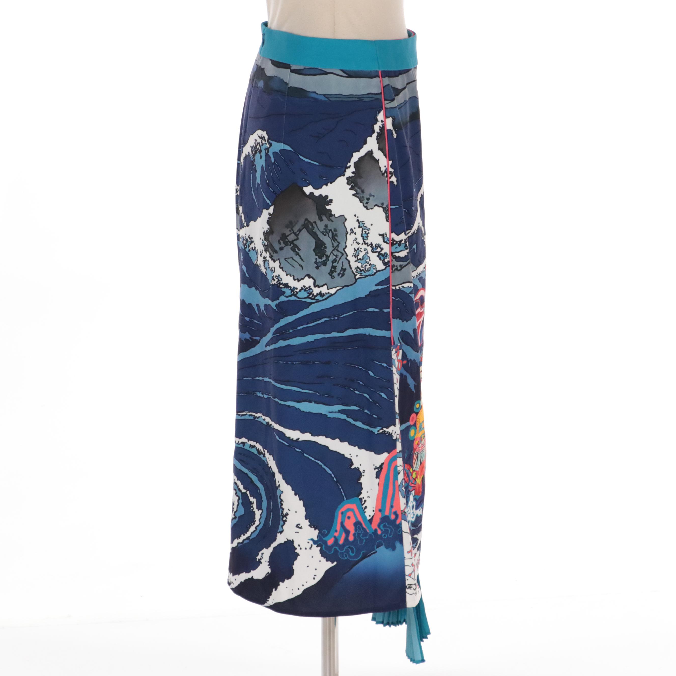 Mukzin Multicolor Japanese Print and Plissé Midi Skirt
