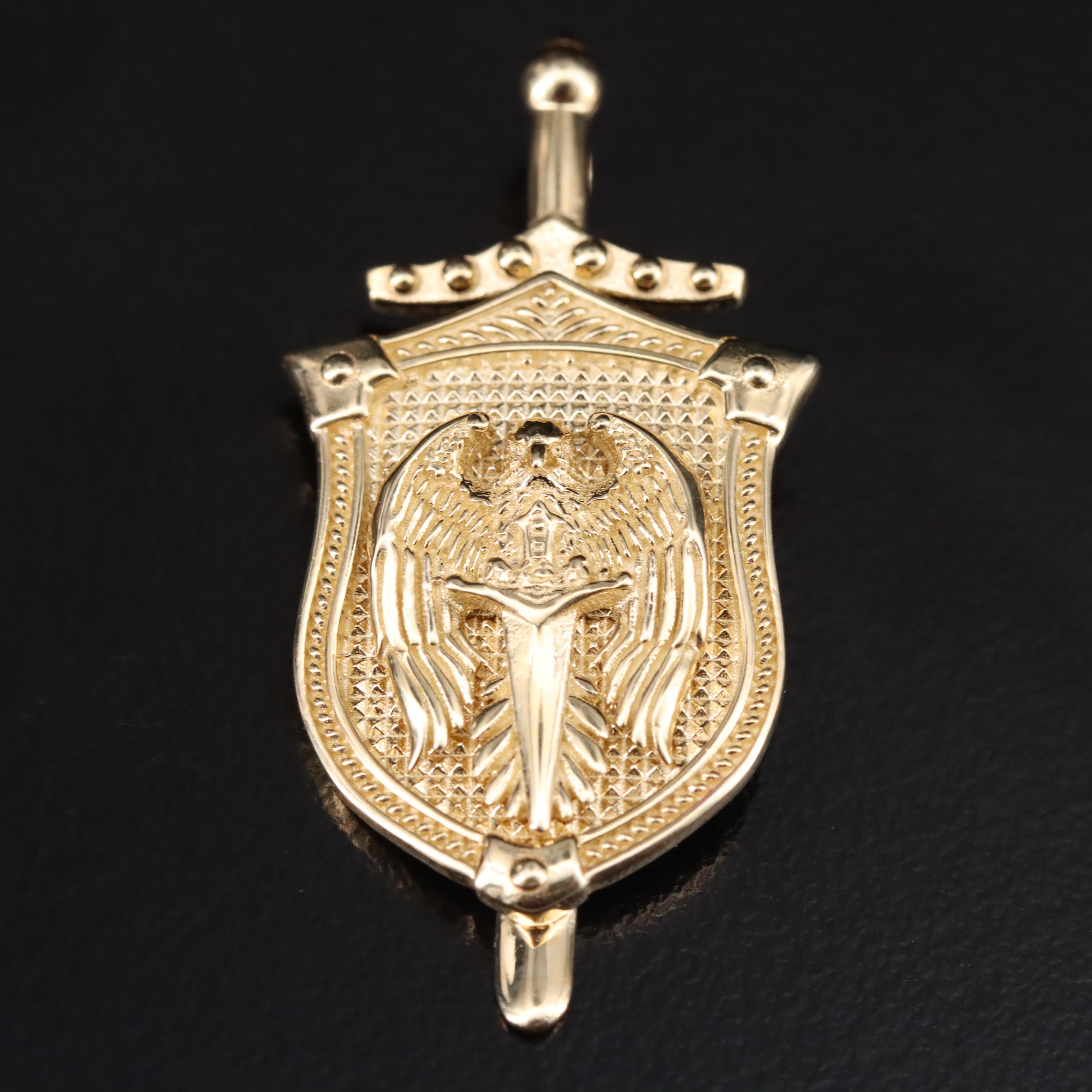 10K Sword and Shield Pendant with Eagle Detail