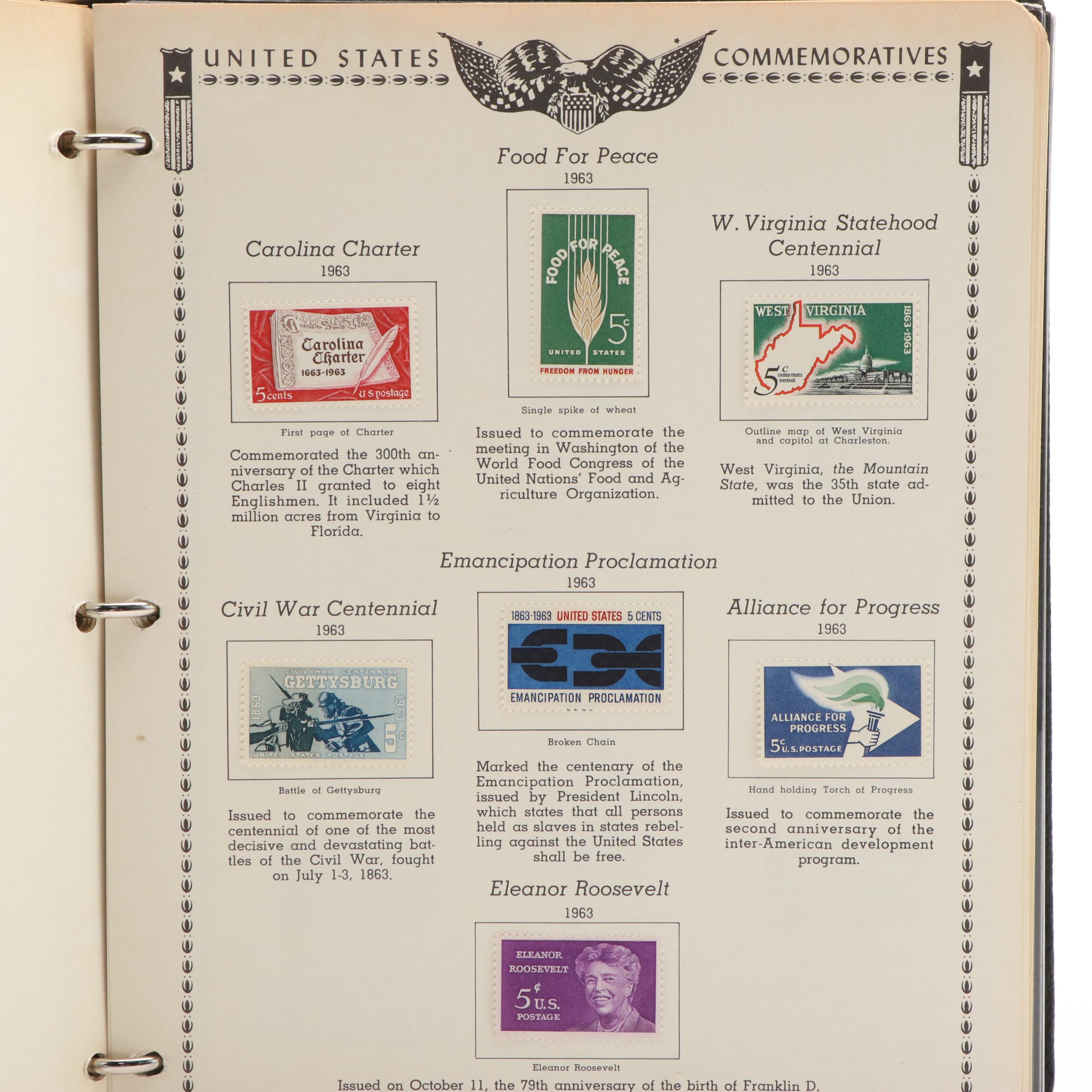 Three Albums With United States Commemorative Stamps, Plates, and Blocks of 4