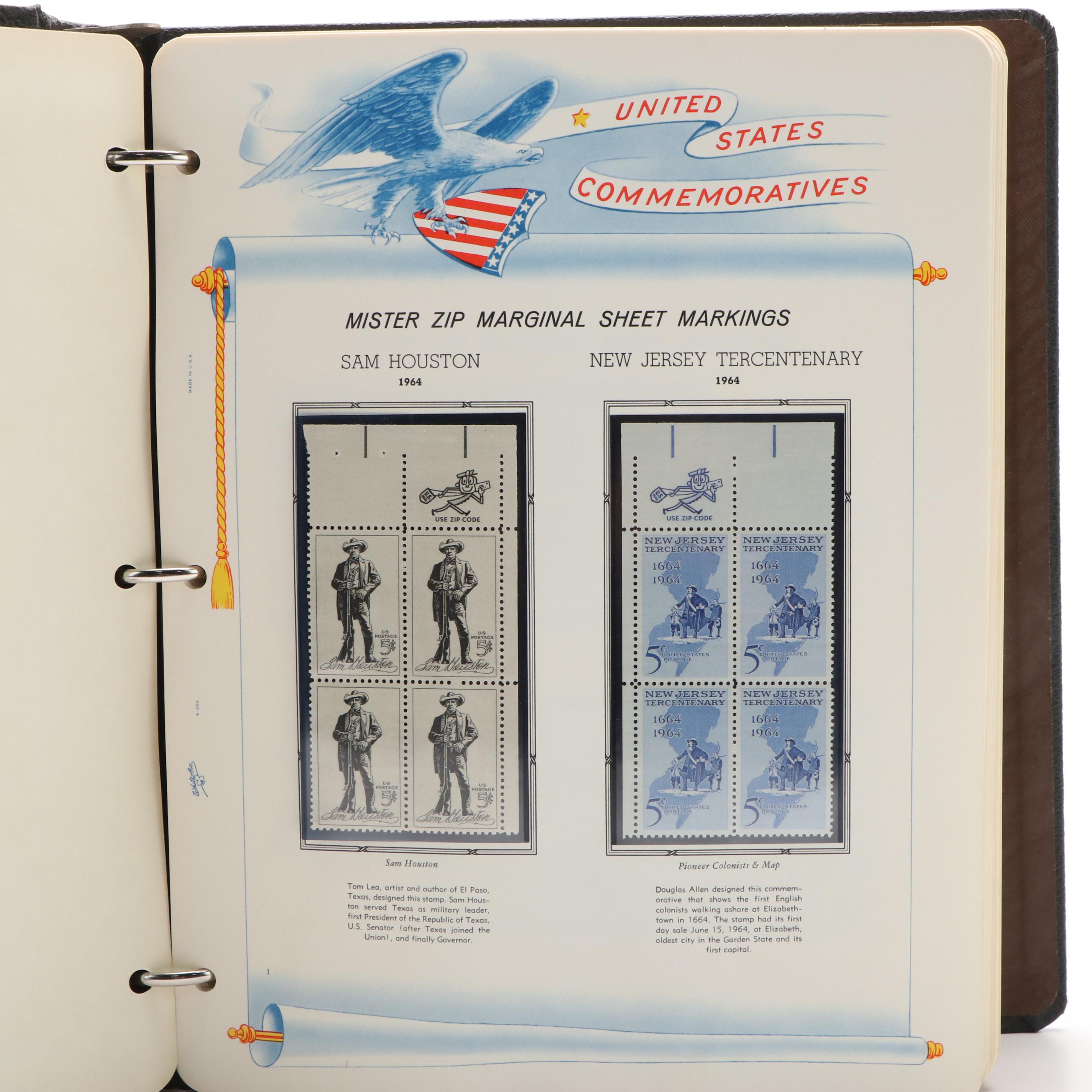 Three Albums With United States Commemorative Stamps, Plates, and Blocks of 4