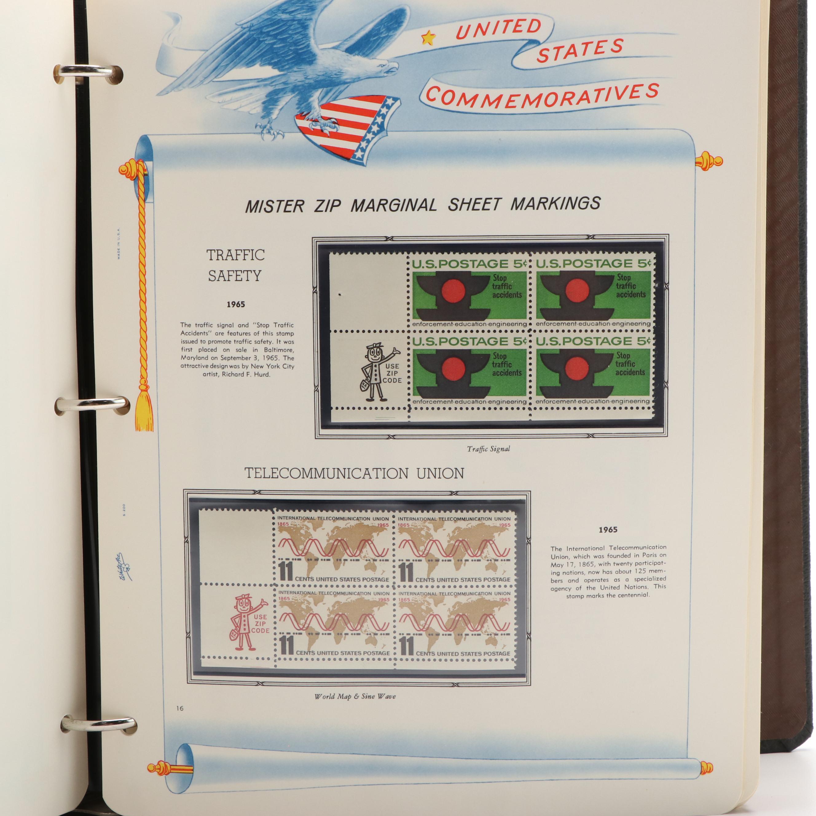 Three Albums With United States Commemorative Stamps, Plates, and Blocks of 4