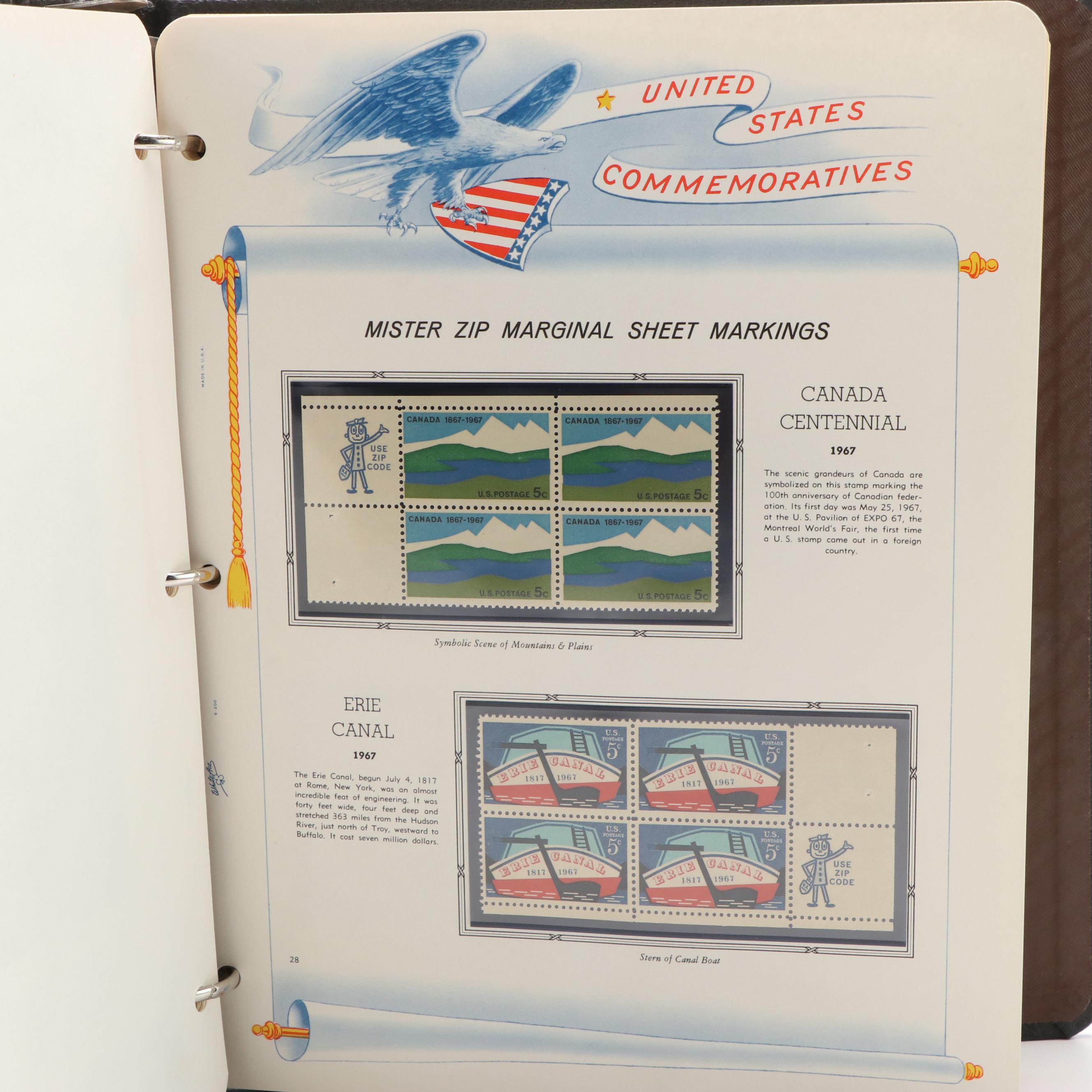 Three Albums With United States Commemorative Stamps, Plates, and Blocks of 4