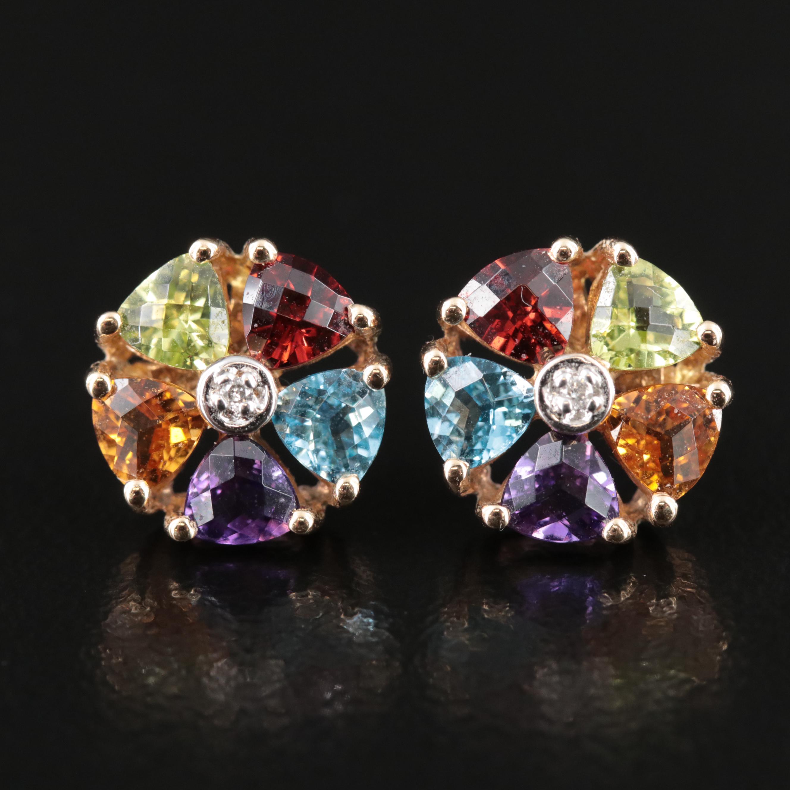 14K Multi-Color Gemstone Earrings Including Topaz, Amethyst and Diamond