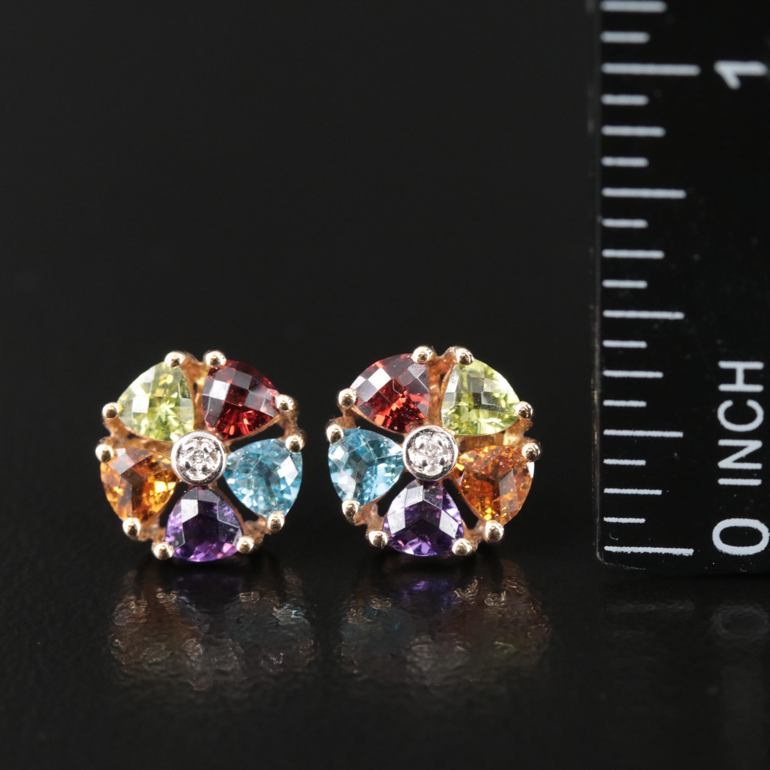 14K Multi-Color Gemstone Earrings Including Topaz, Amethyst and Diamond