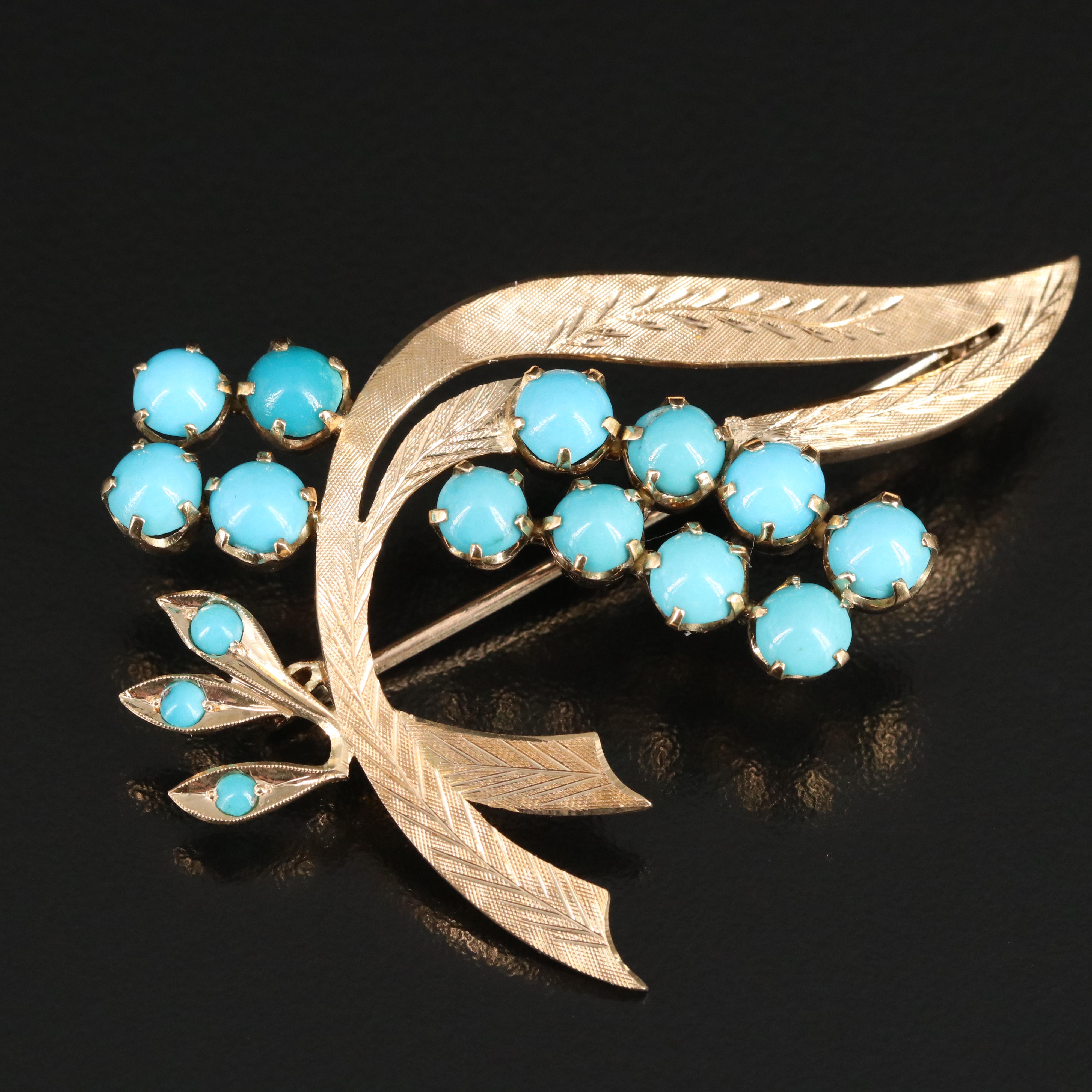18K Turquoise Floral Brooch with Florentine Finish