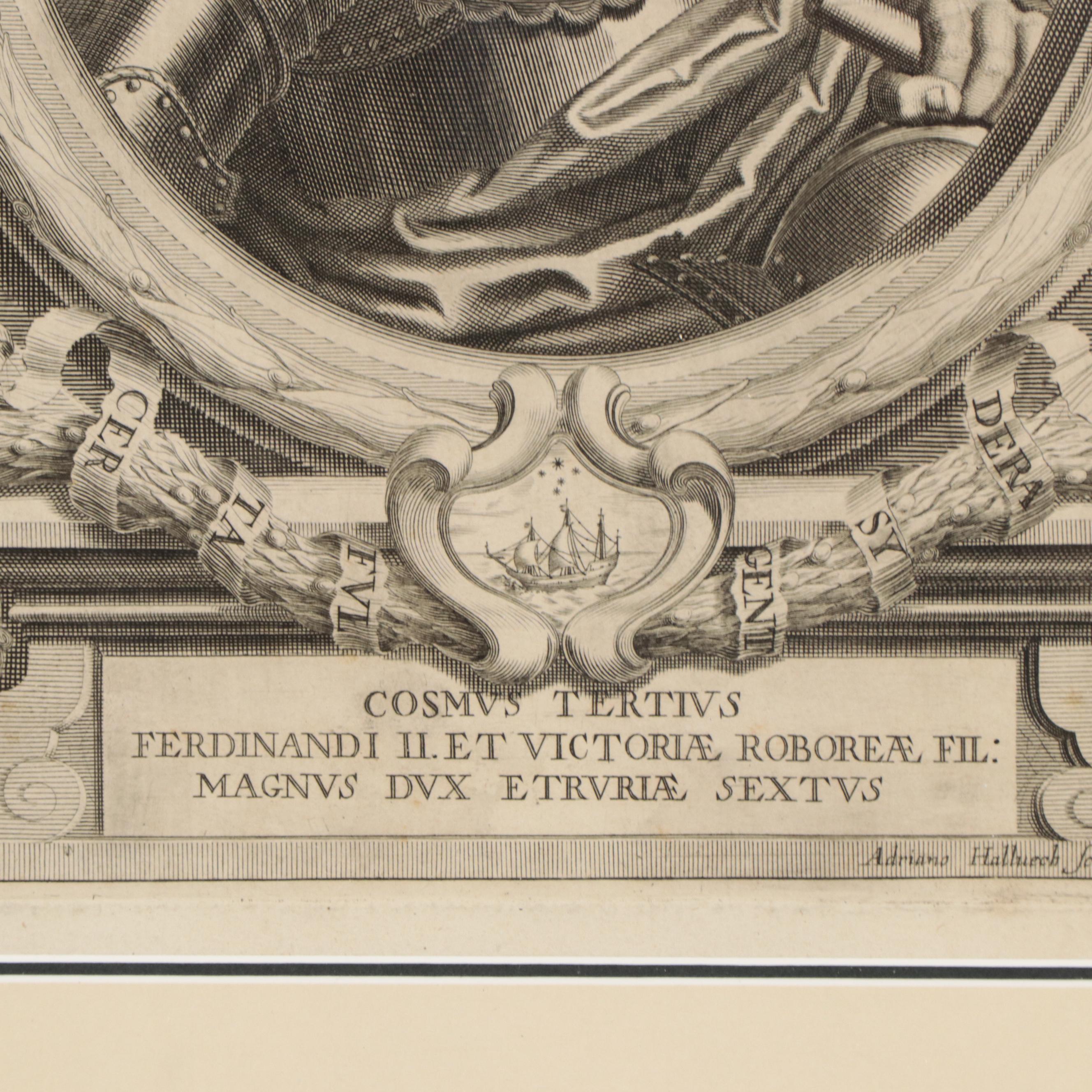 Adriaen Haelwegh Engraving "Cosimo III, Grand Duke of Tuscany," 17th Century