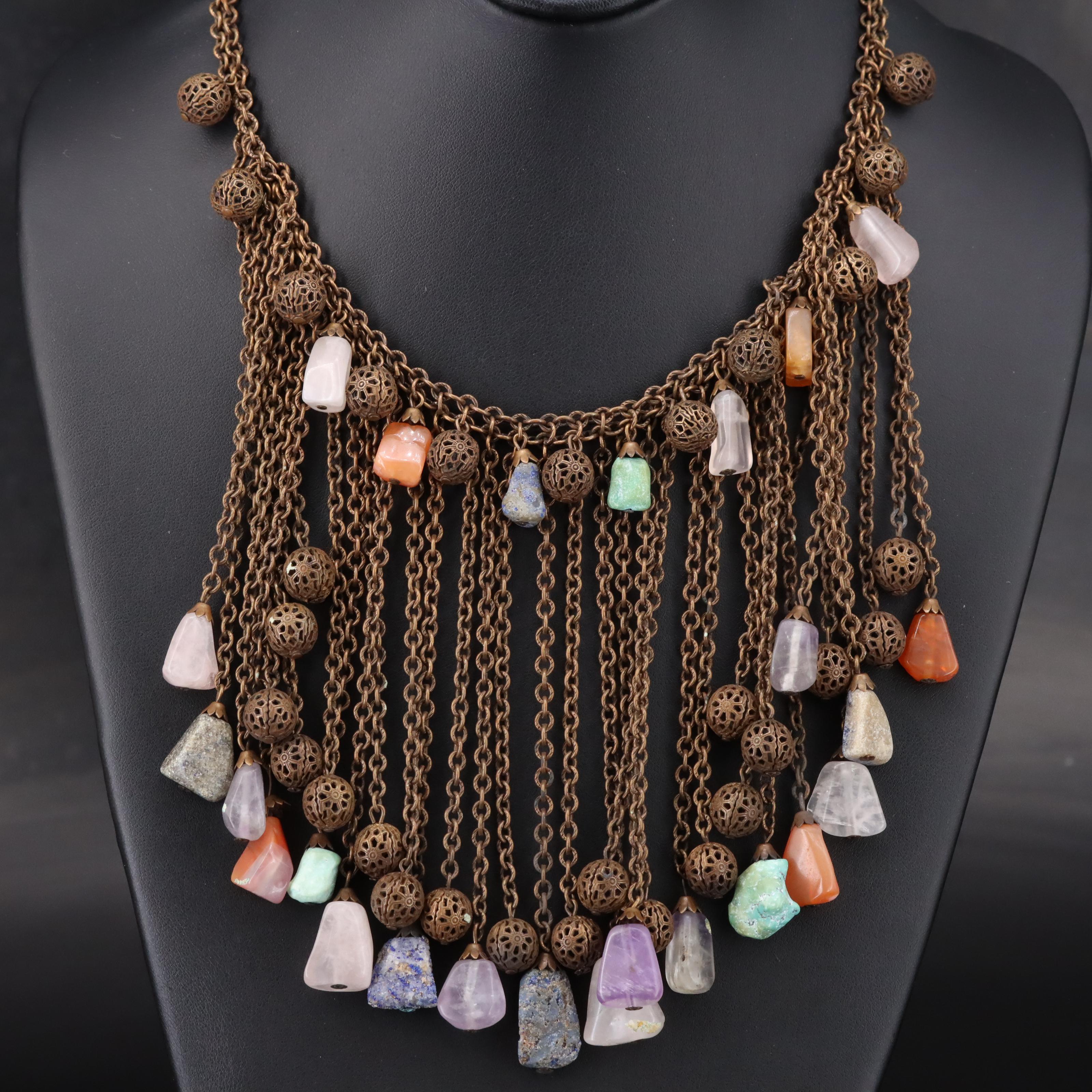 Multi-Gemstone Fringe Collar Necklace Including Amethyst, Carnelian and Lapis