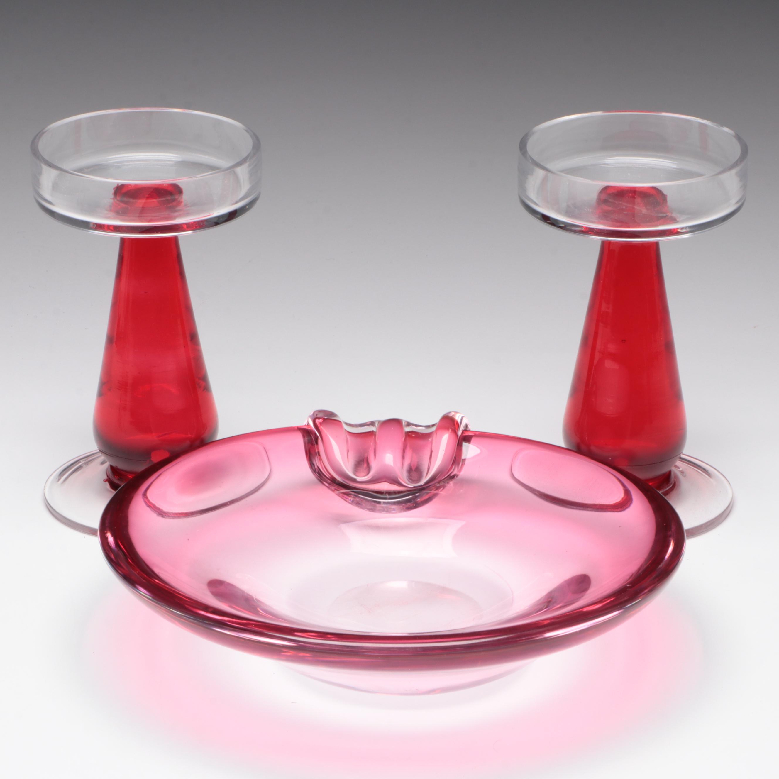 Rubina Pink Style Glass Ashtray with Pillar Shape Glass Candle Holders