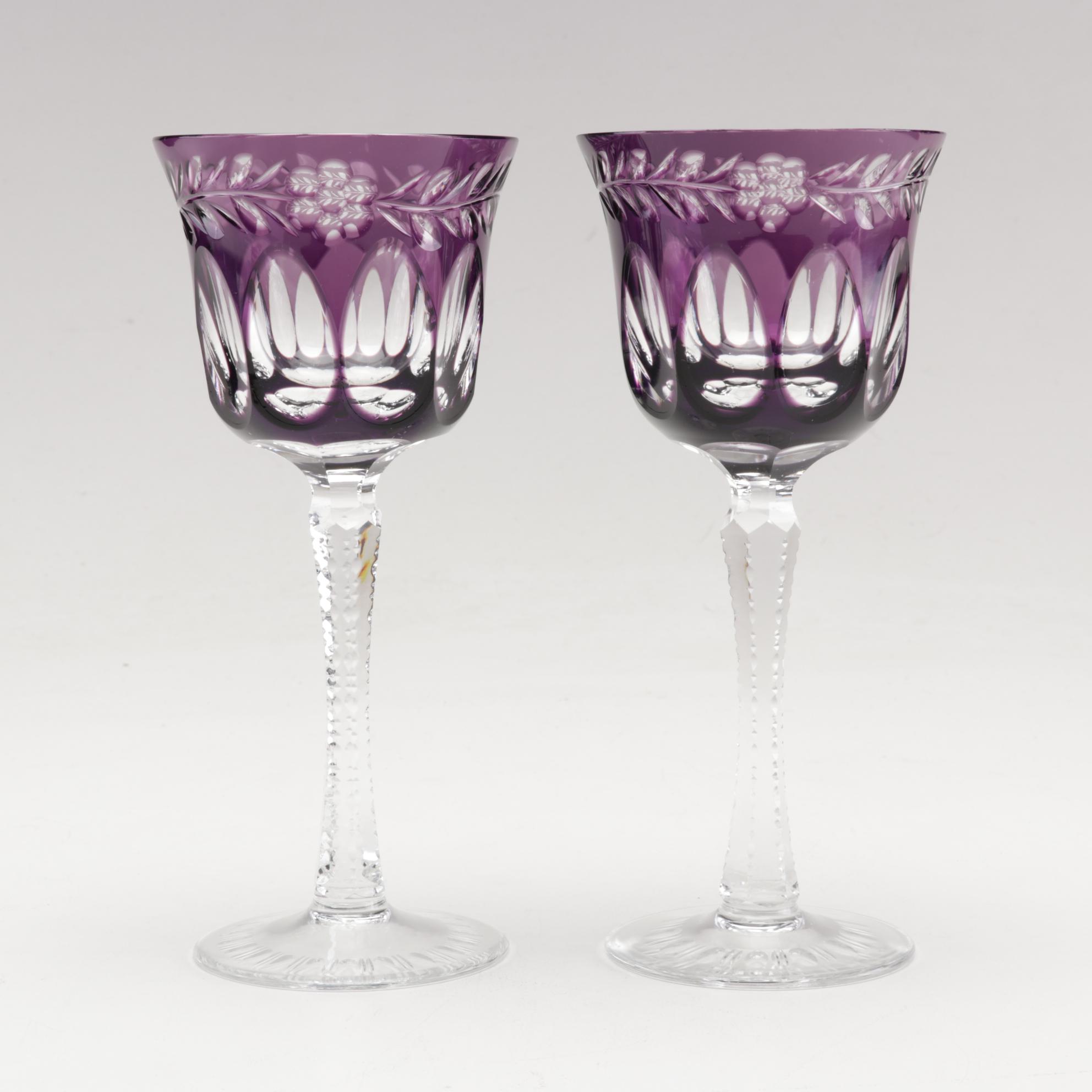 Bohemian Glass Amethyst Cut to Clear Tall Goblets