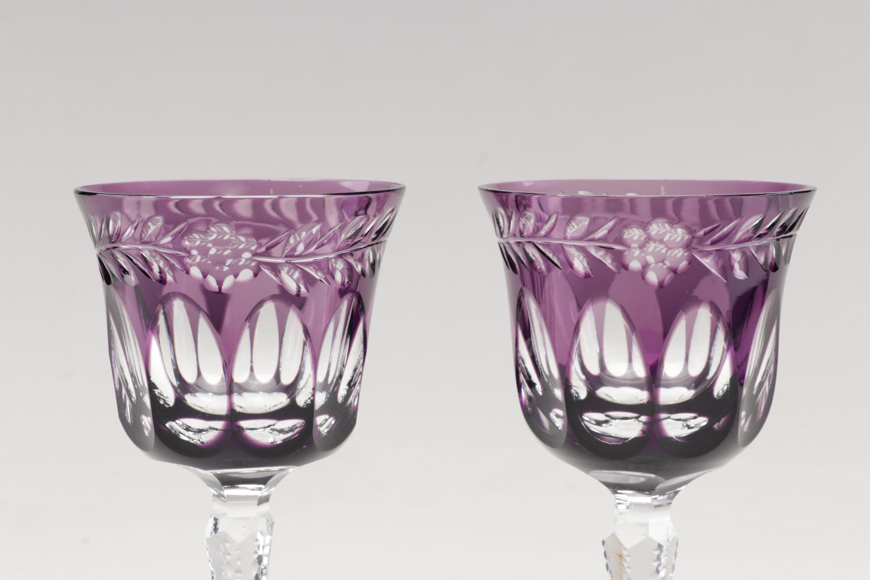 Bohemian Glass Amethyst Cut to Clear Tall Goblets
