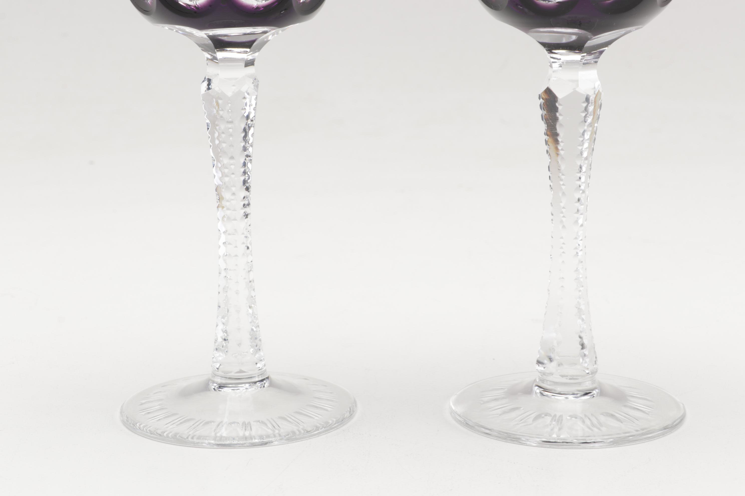Bohemian Glass Amethyst Cut to Clear Tall Goblets