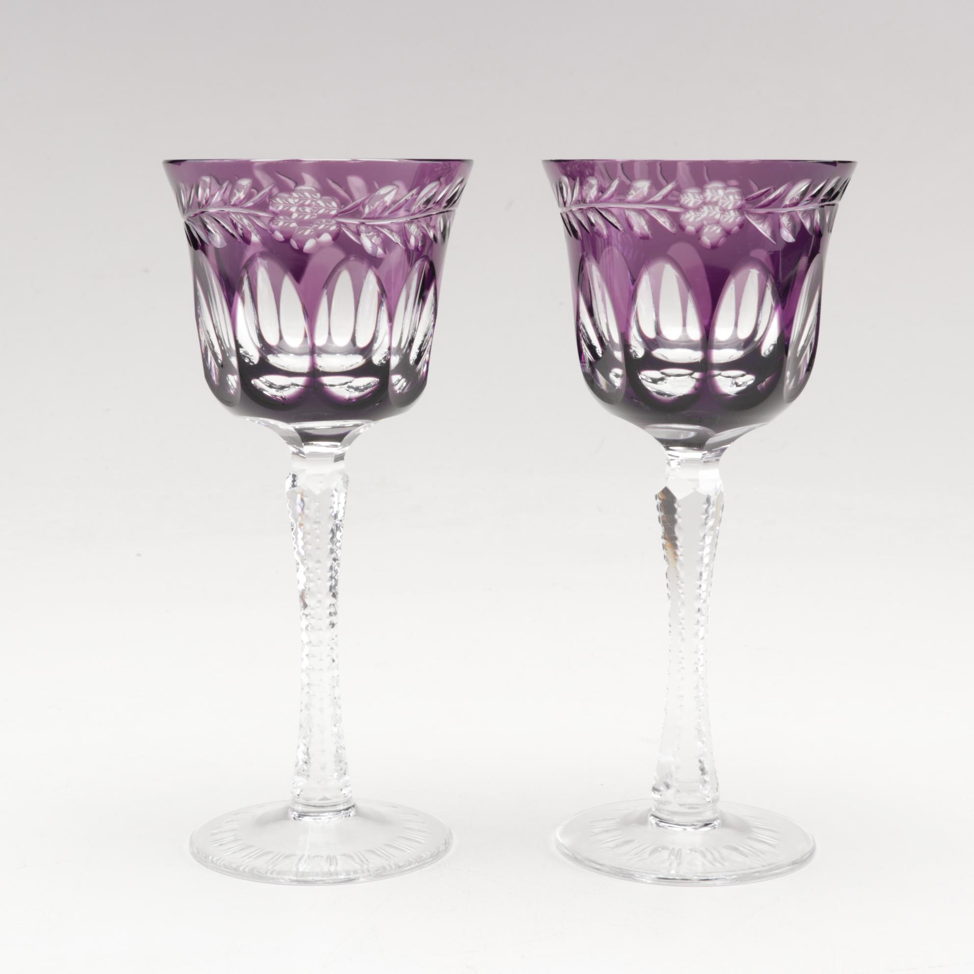 Bohemian Glass Amethyst Cut to Clear Tall Goblets