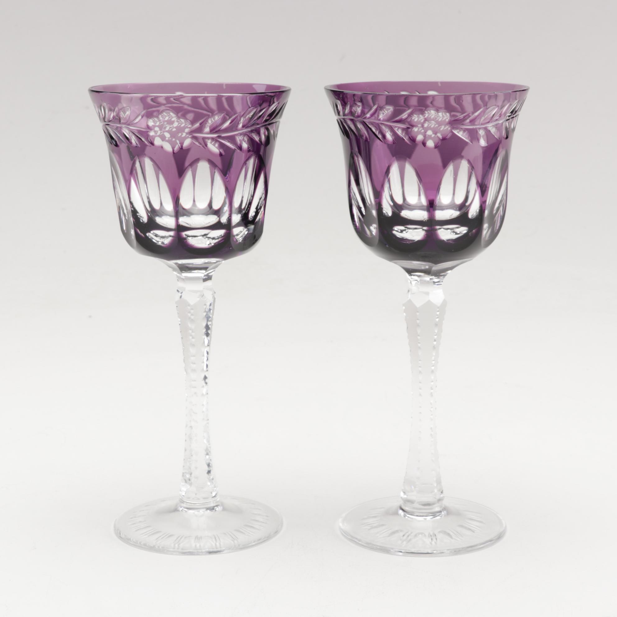 Bohemian Glass Amethyst Cut to Clear Tall Goblets
