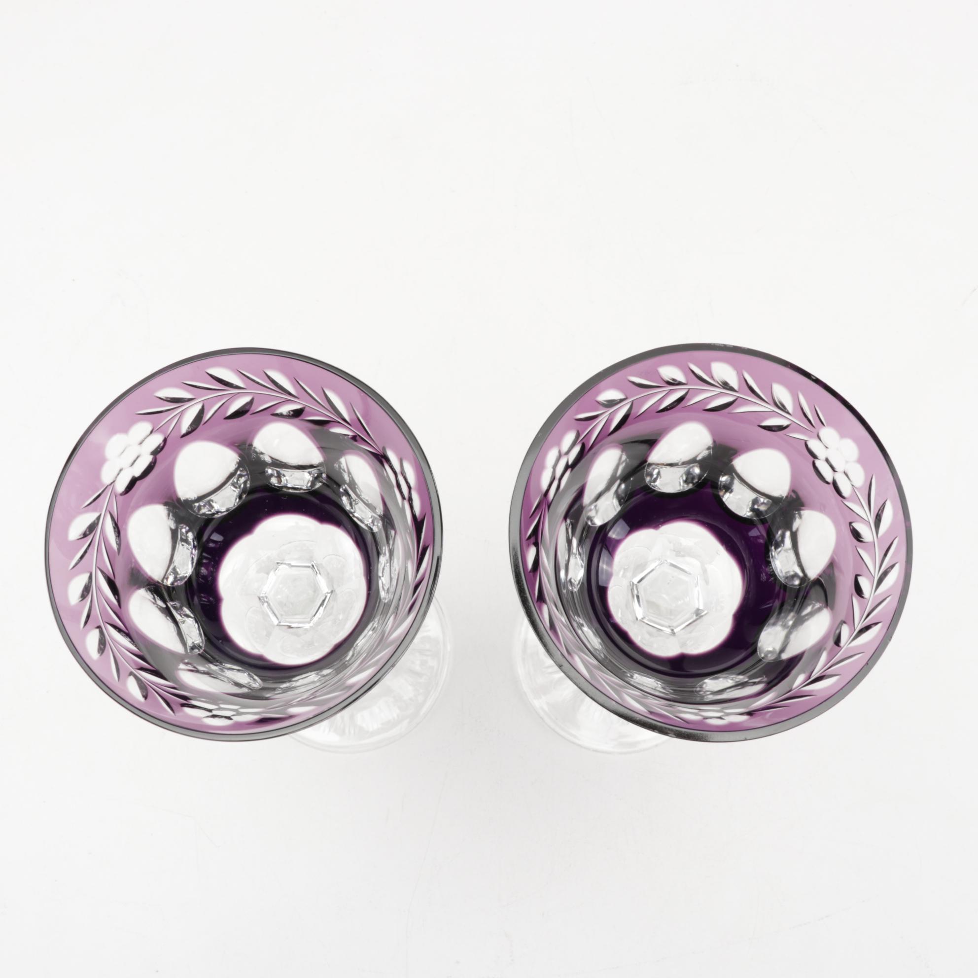 Bohemian Glass Amethyst Cut to Clear Tall Goblets