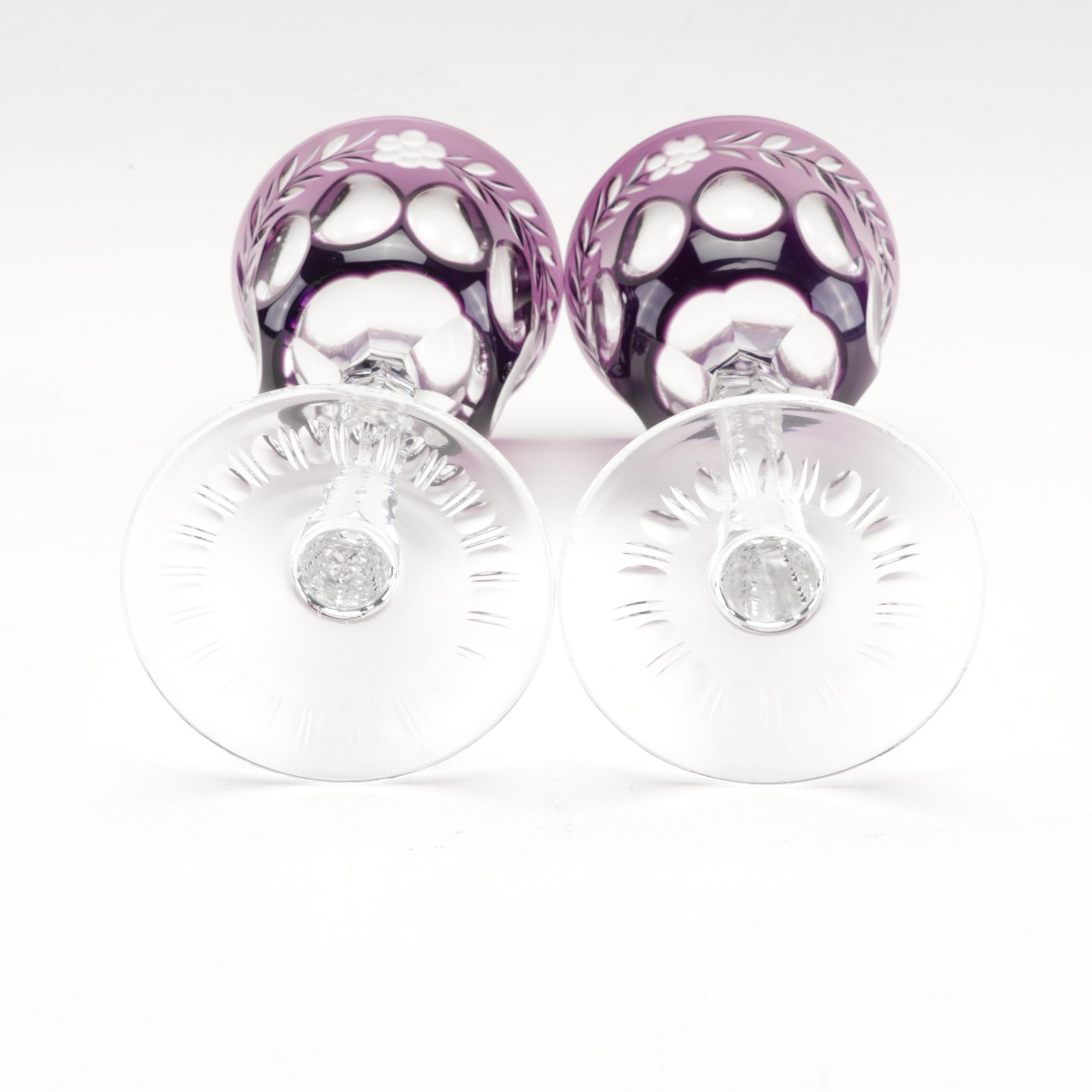 Bohemian Glass Amethyst Cut to Clear Tall Goblets