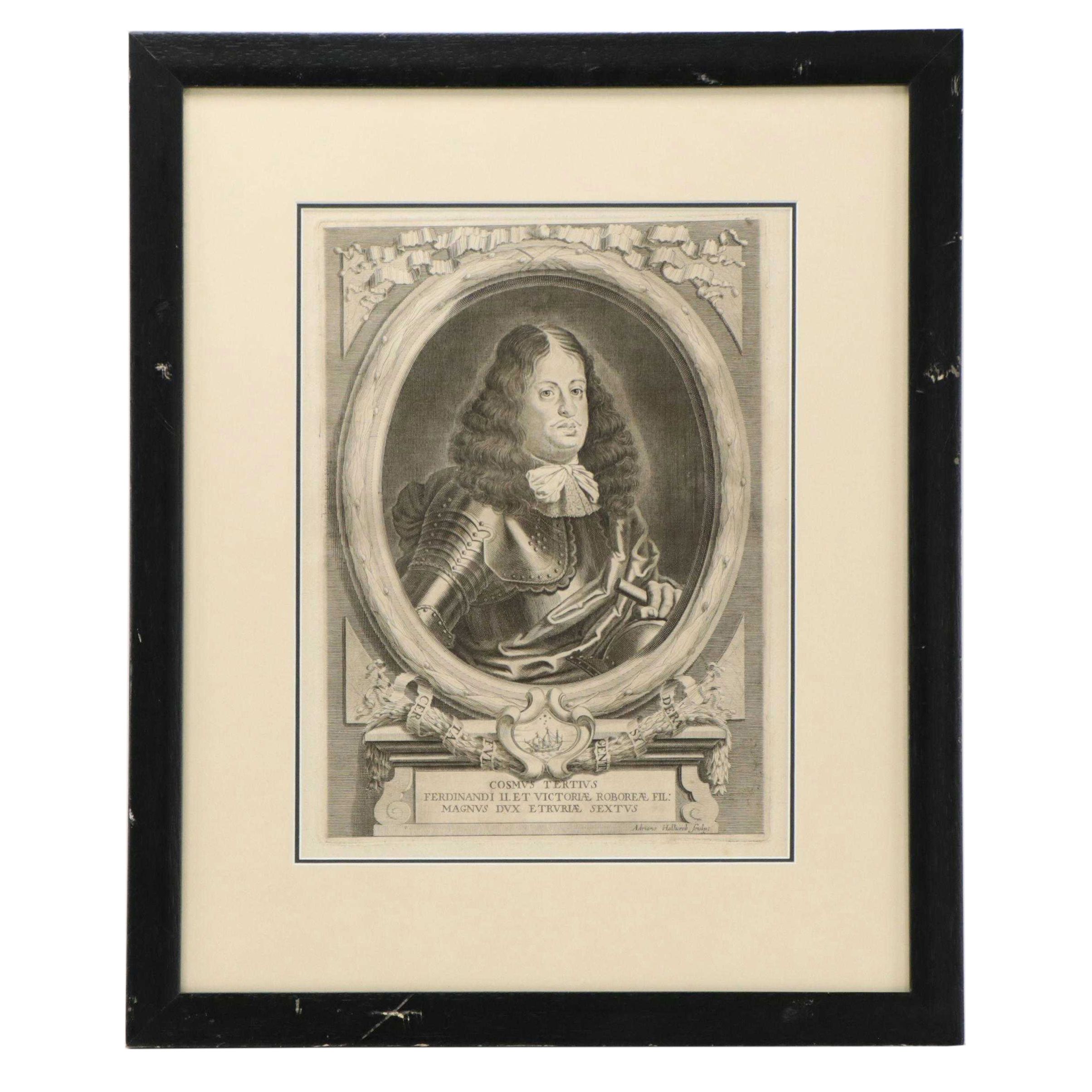 Adriaen Haelwegh Engraving "Cosimo III, Grand Duke of Tuscany," 17th Century