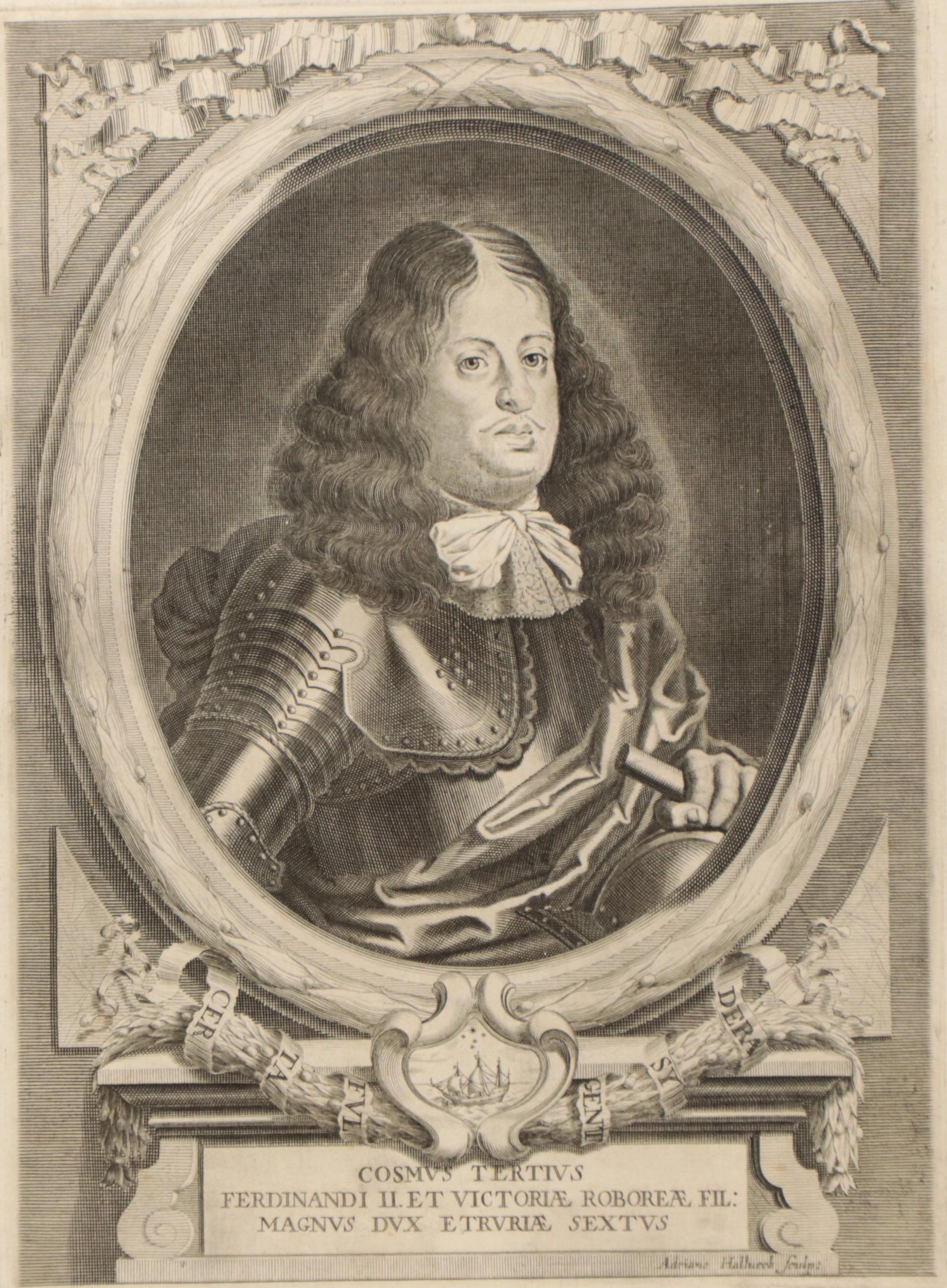 Adriaen Haelwegh Engraving "Cosimo III, Grand Duke of Tuscany," 17th Century