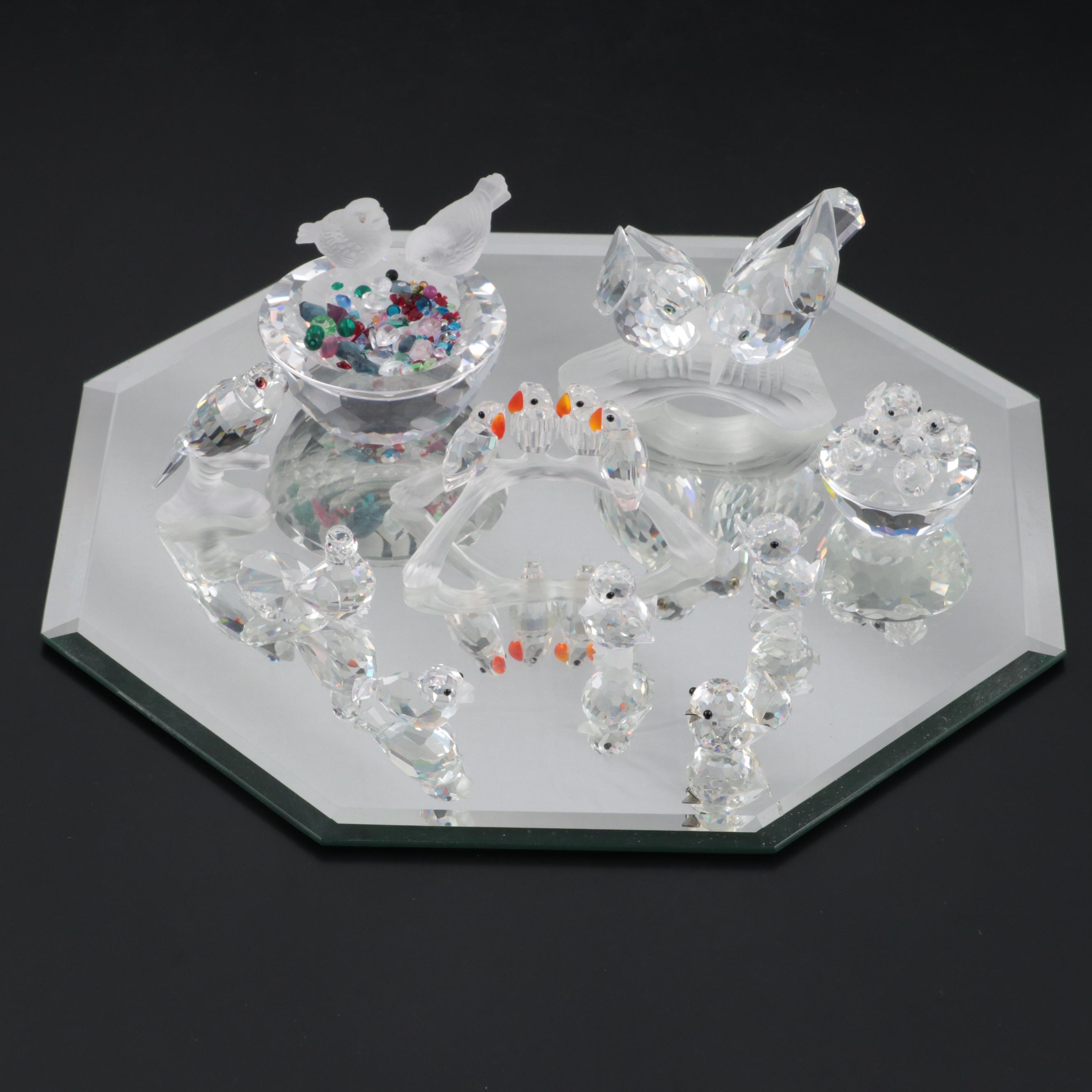 Swarovski Crystal Bird Figurines with Mirrored Display Tray, Late 20th Century