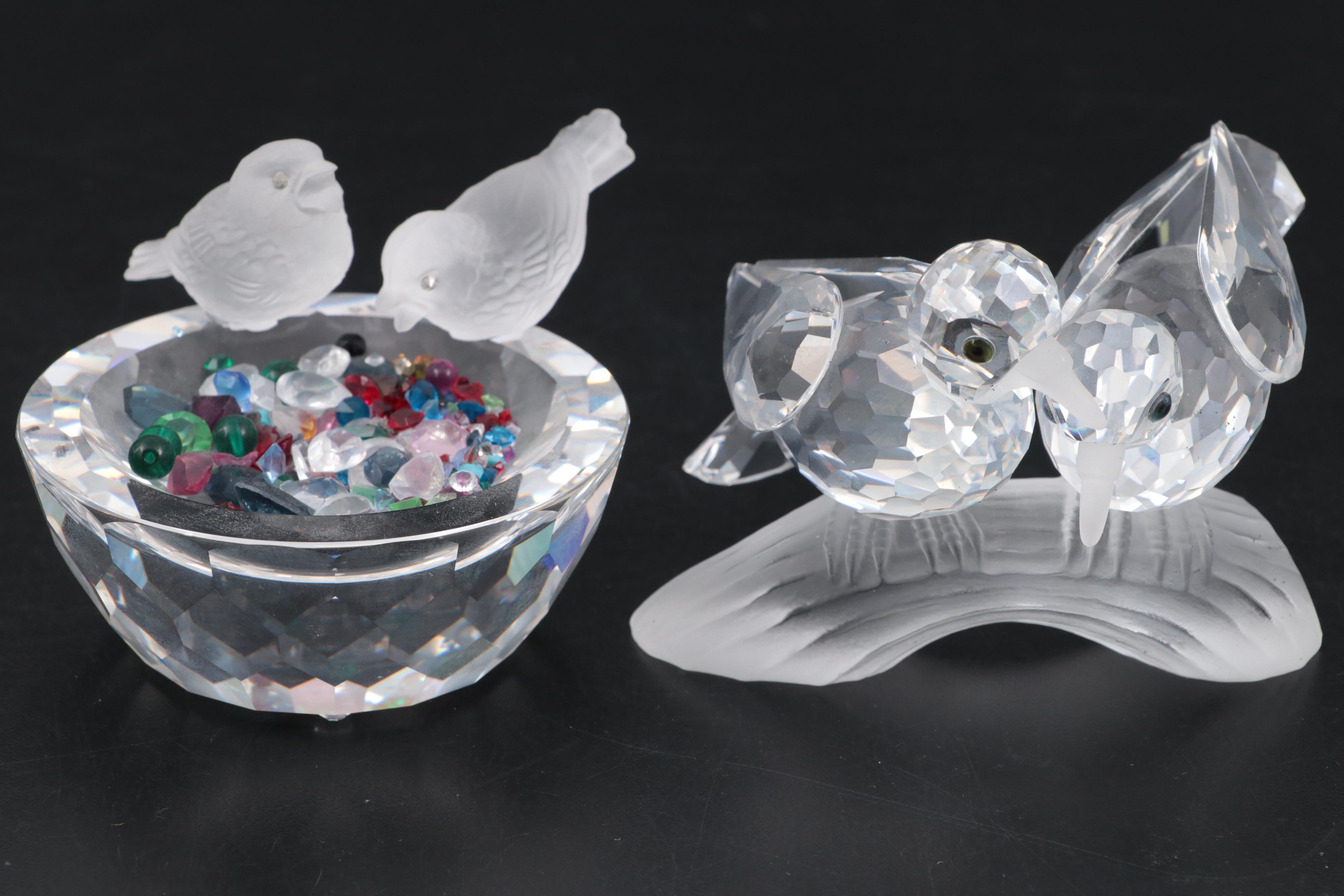 Swarovski Crystal Bird Figurines with Mirrored Display Tray, Late 20th Century