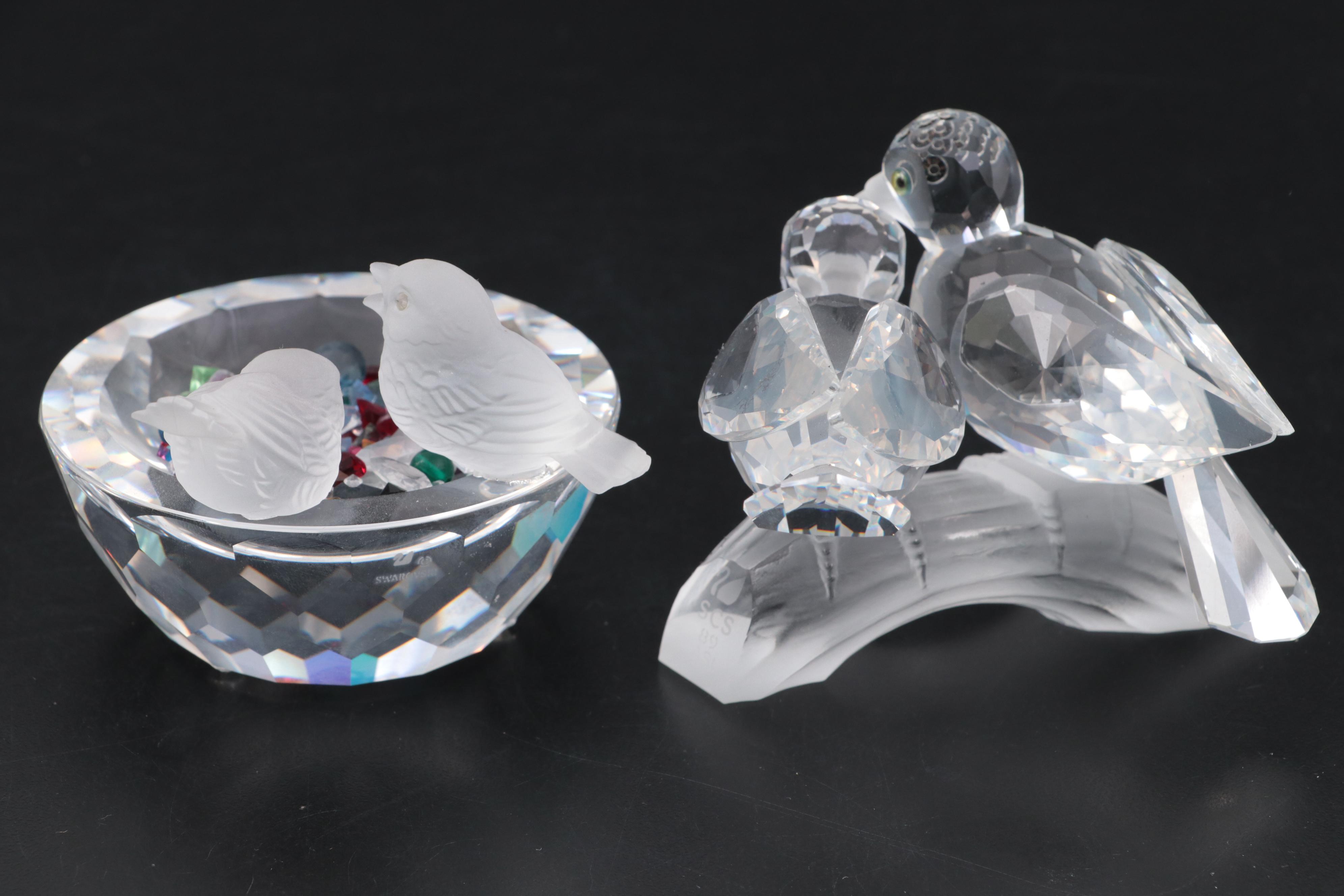 Swarovski Crystal Bird Figurines with Mirrored Display Tray, Late 20th Century