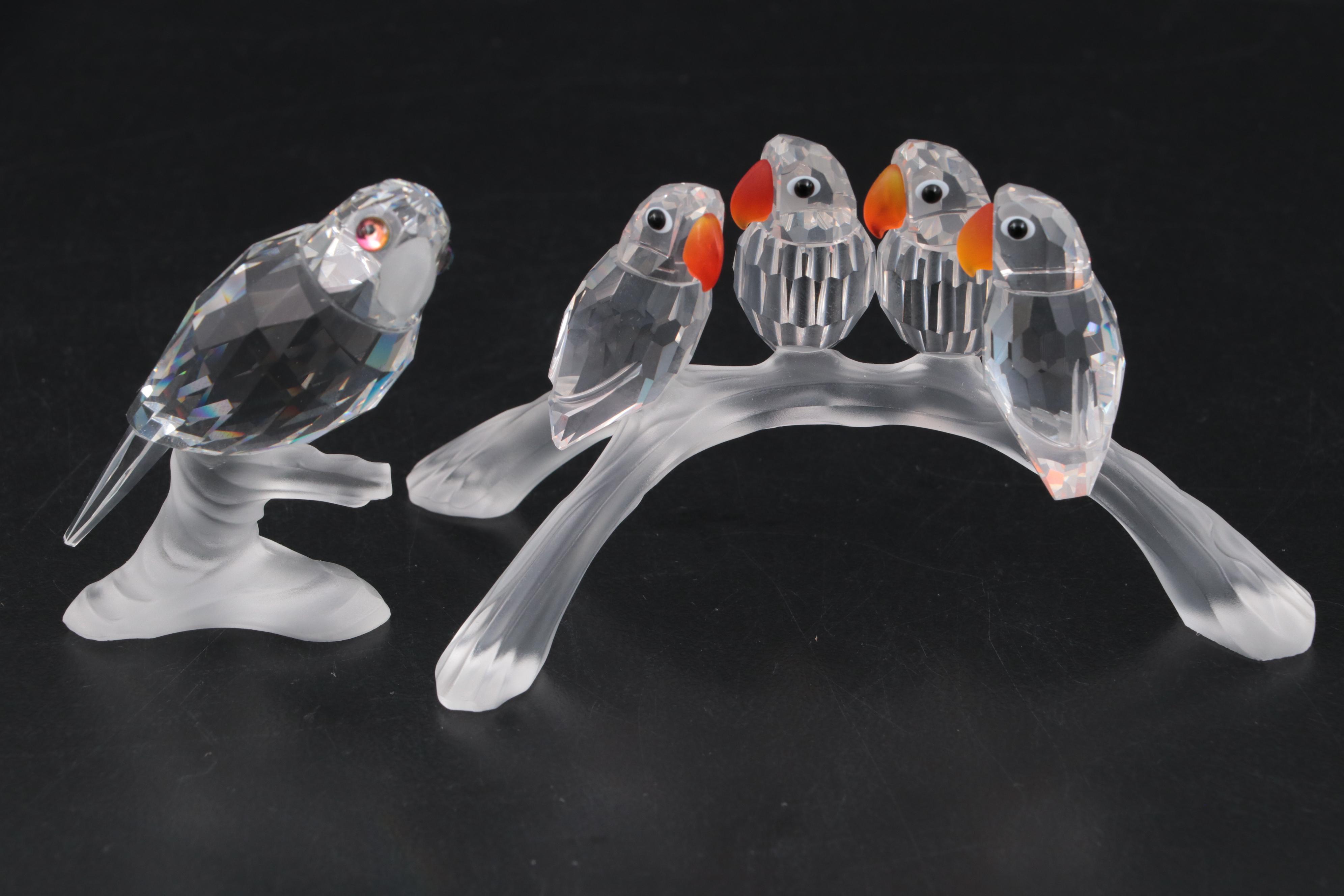 Swarovski Crystal Bird Figurines with Mirrored Display Tray, Late 20th Century