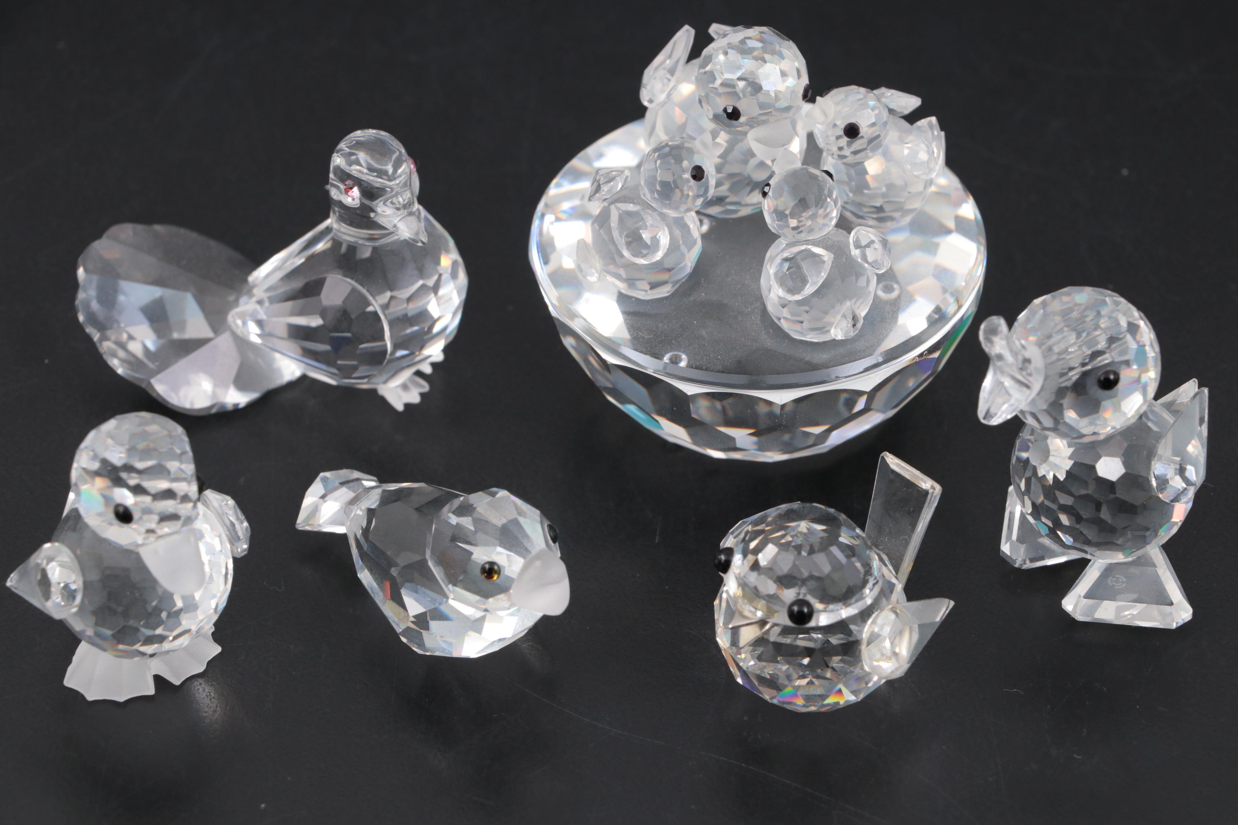 Swarovski Crystal Bird Figurines with Mirrored Display Tray, Late 20th Century