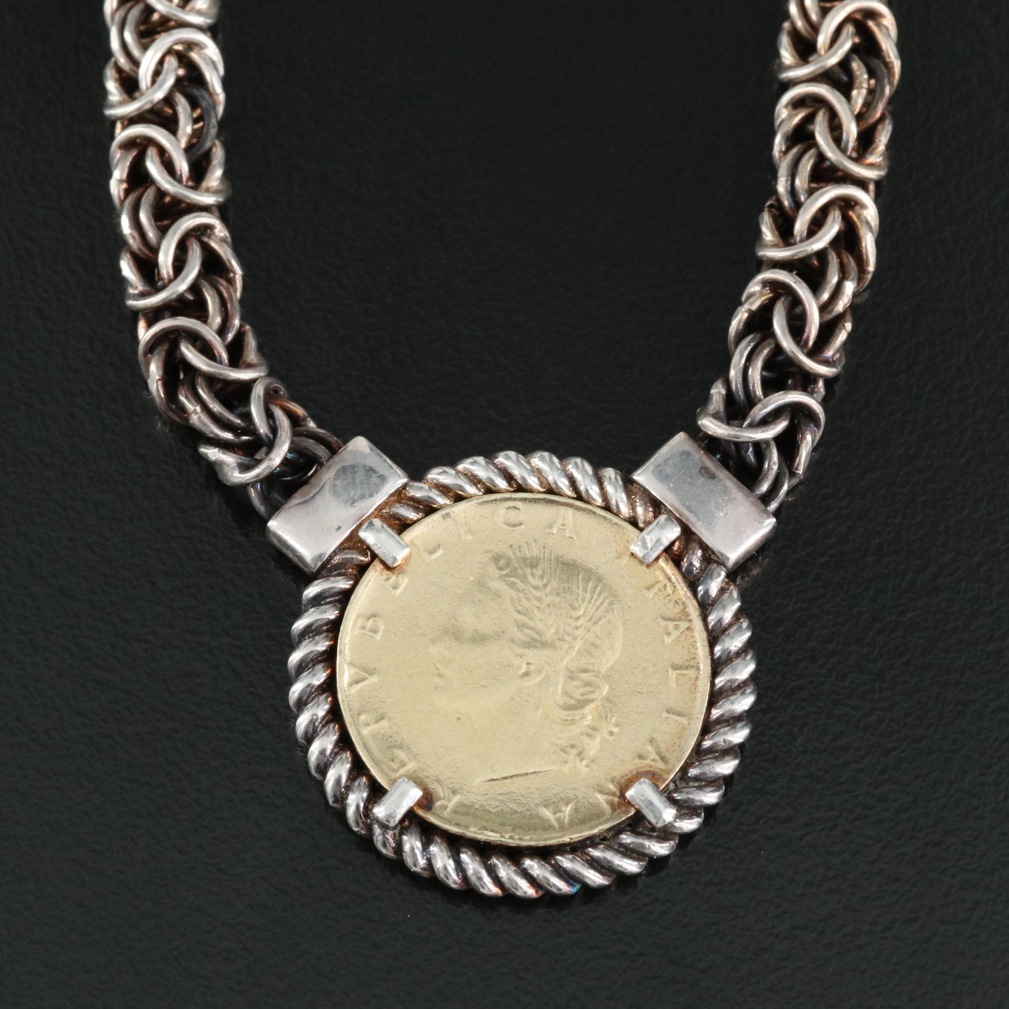 Dyadema Sterling Necklace with 1981 Italy 20-Lire Coin