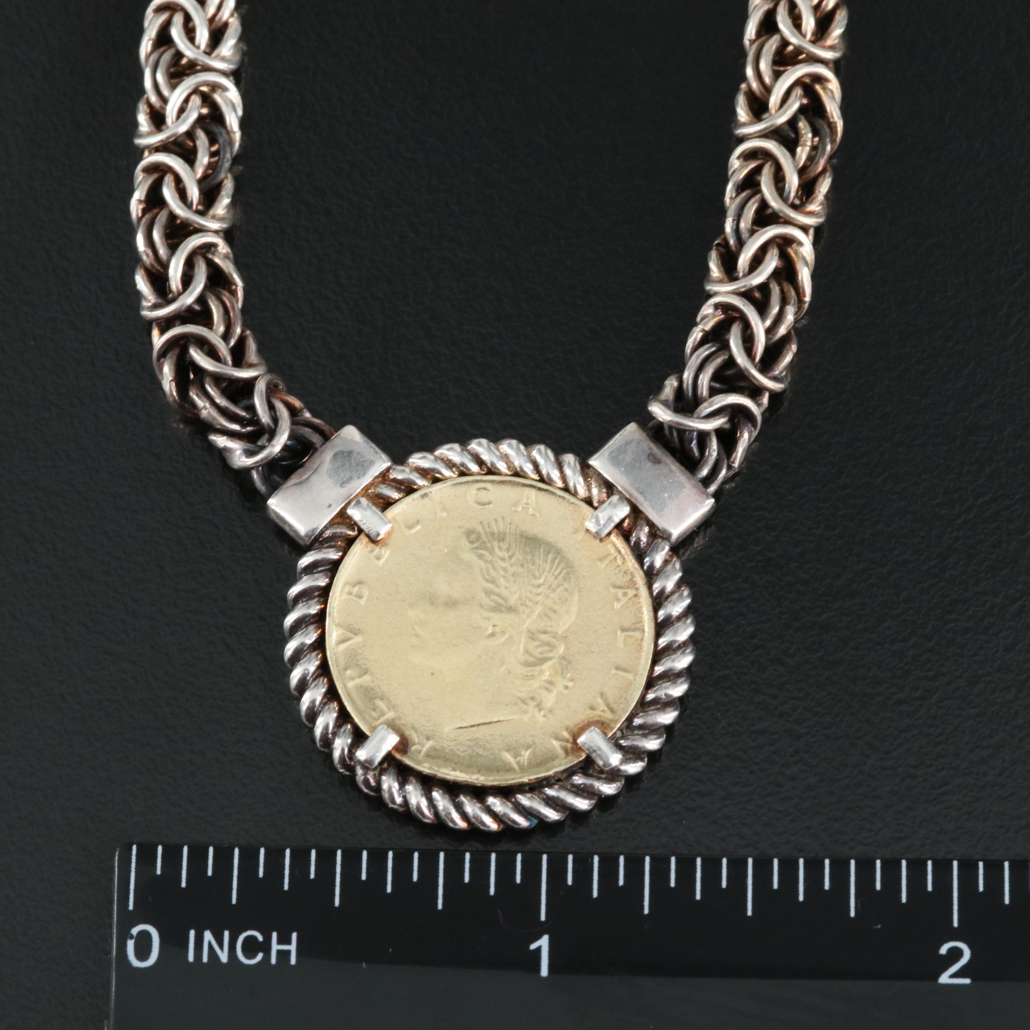 Dyadema Sterling Necklace with 1981 Italy 20-Lire Coin
