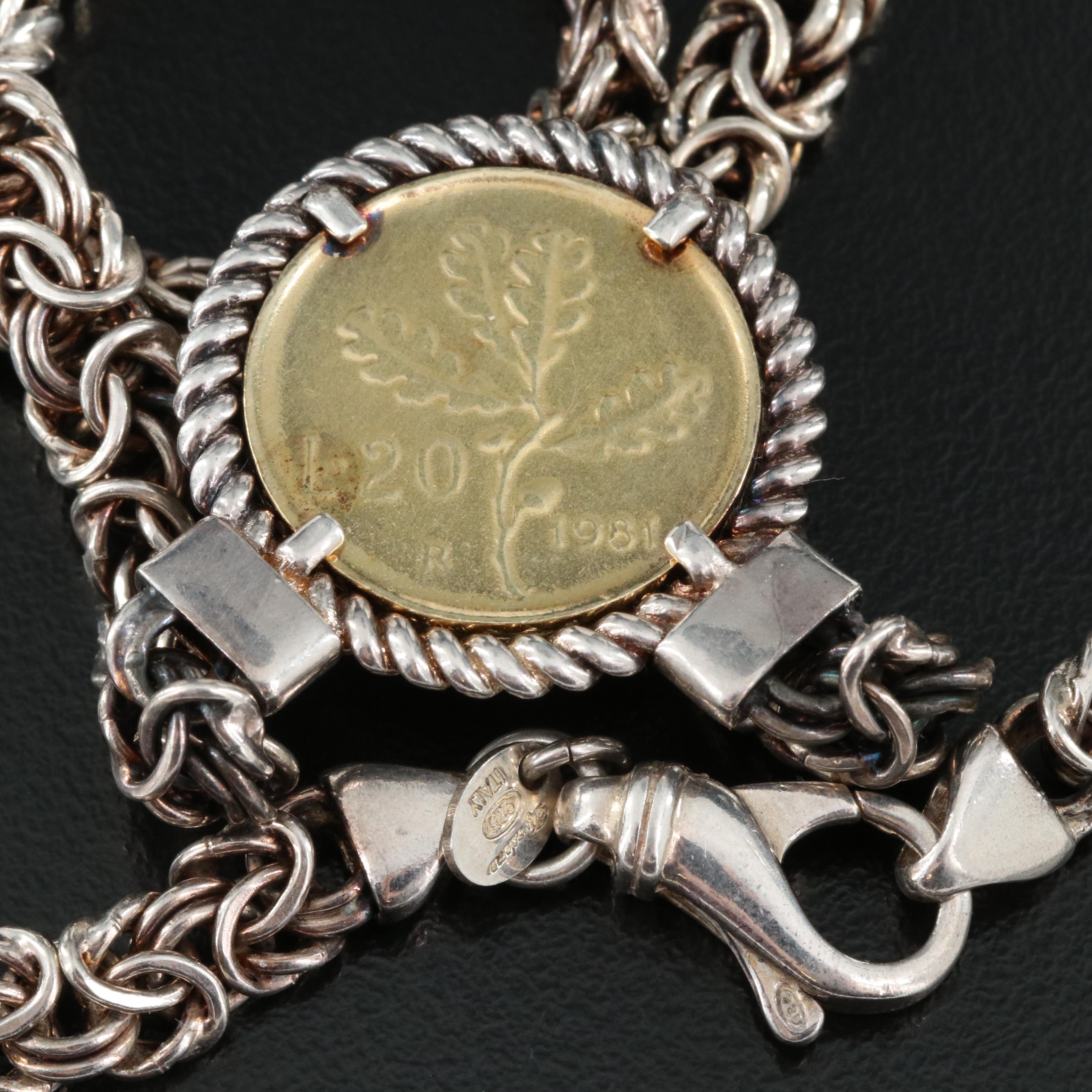 Dyadema Sterling Necklace with 1981 Italy 20-Lire Coin