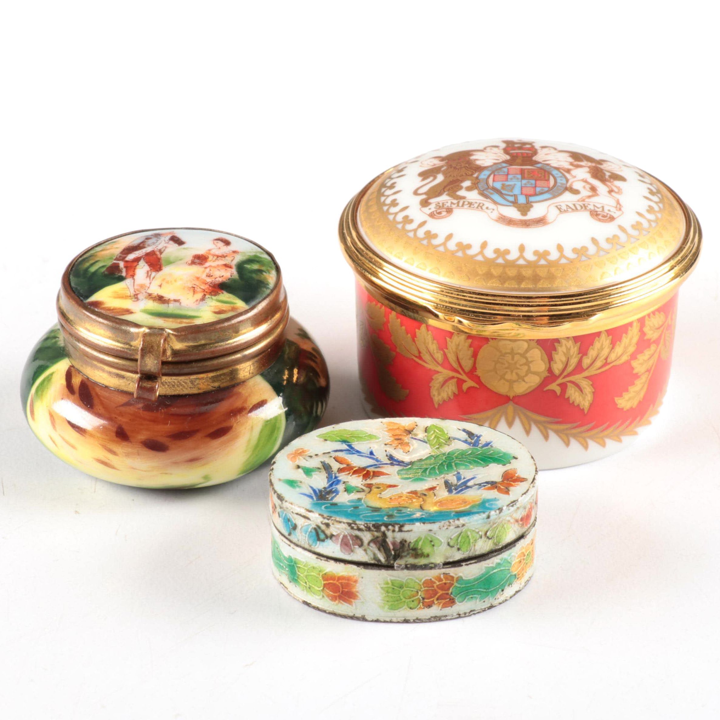 Palace Crest Bone China Box, Chinese Silvered Enameled Metal Box, More