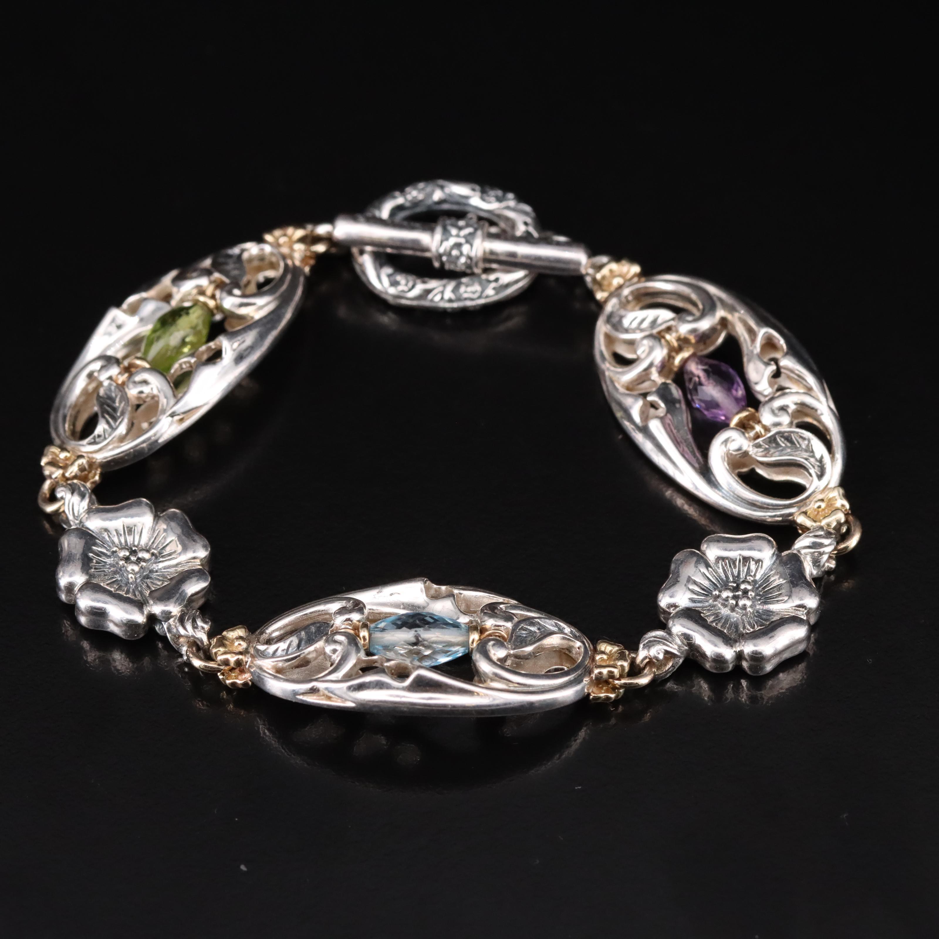 Sterling Amethyst, Peridot And Sky Blue Topaz Toggle Bracelet With 18K ...