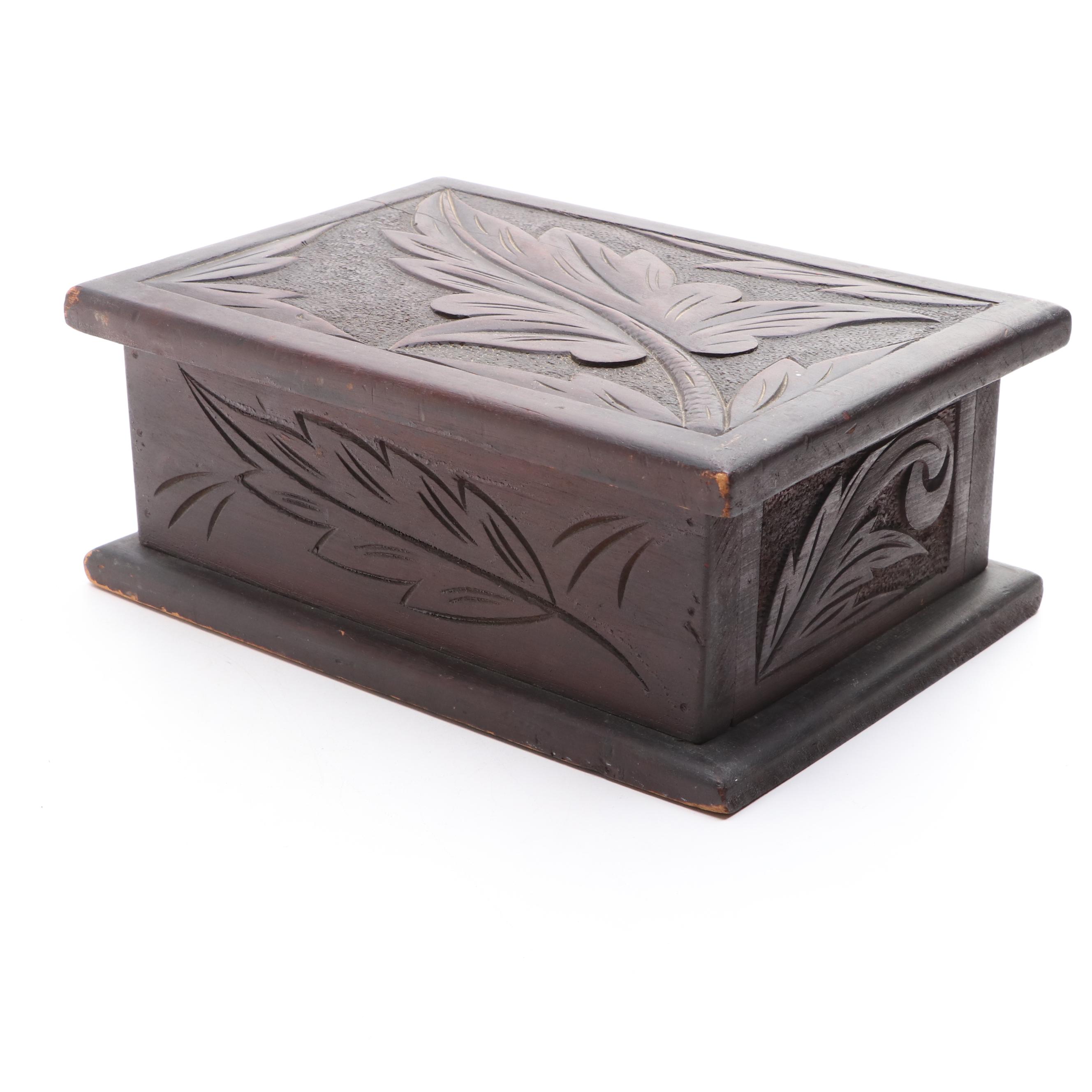 Victorian Black Forest Style Carved Walnut Leaf Motif Wood Velvet Lined Box