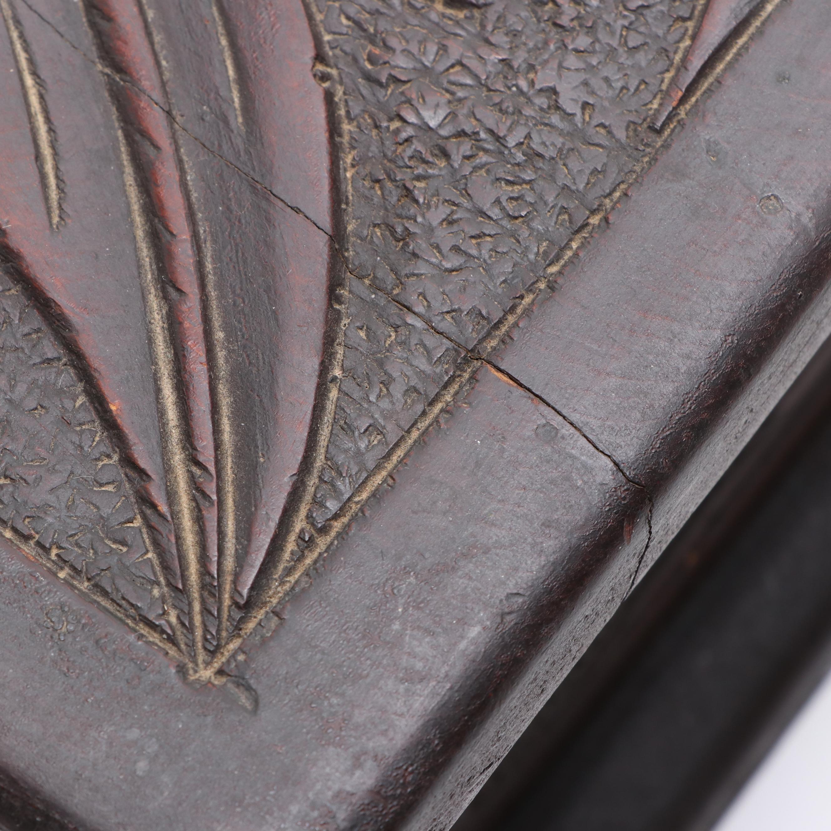 Victorian Black Forest Style Carved Walnut Leaf Motif Wood Velvet Lined Box