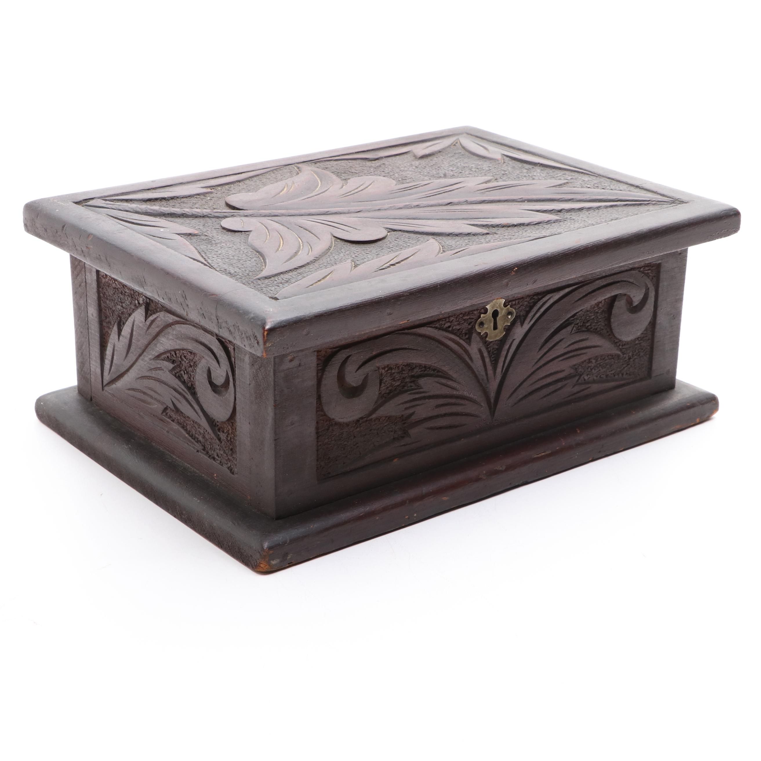 Victorian Black Forest Style Carved Walnut Leaf Motif Wood Velvet Lined Box