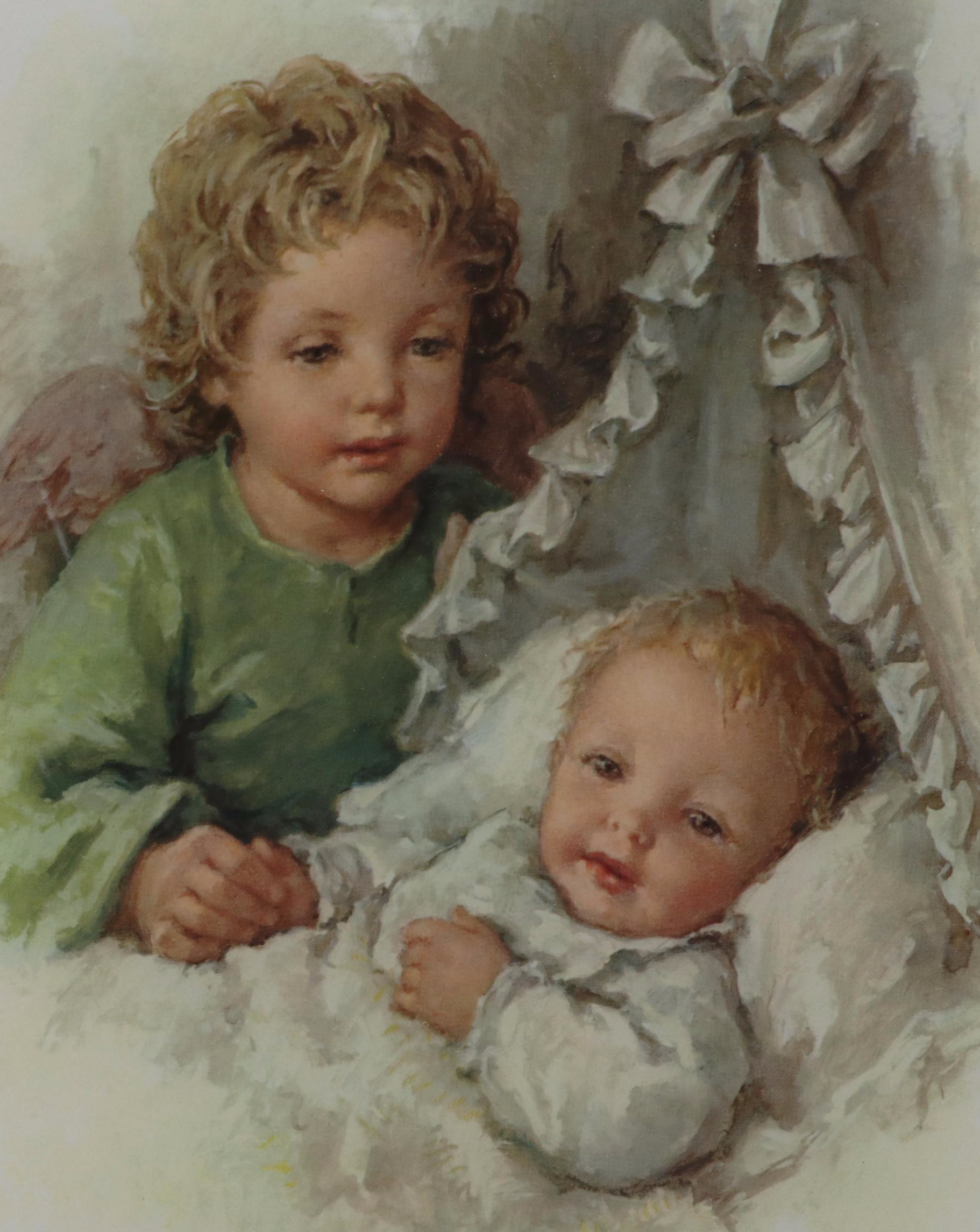 Italian Beveled Glass Wall Hanging of Angel Watching Over Child