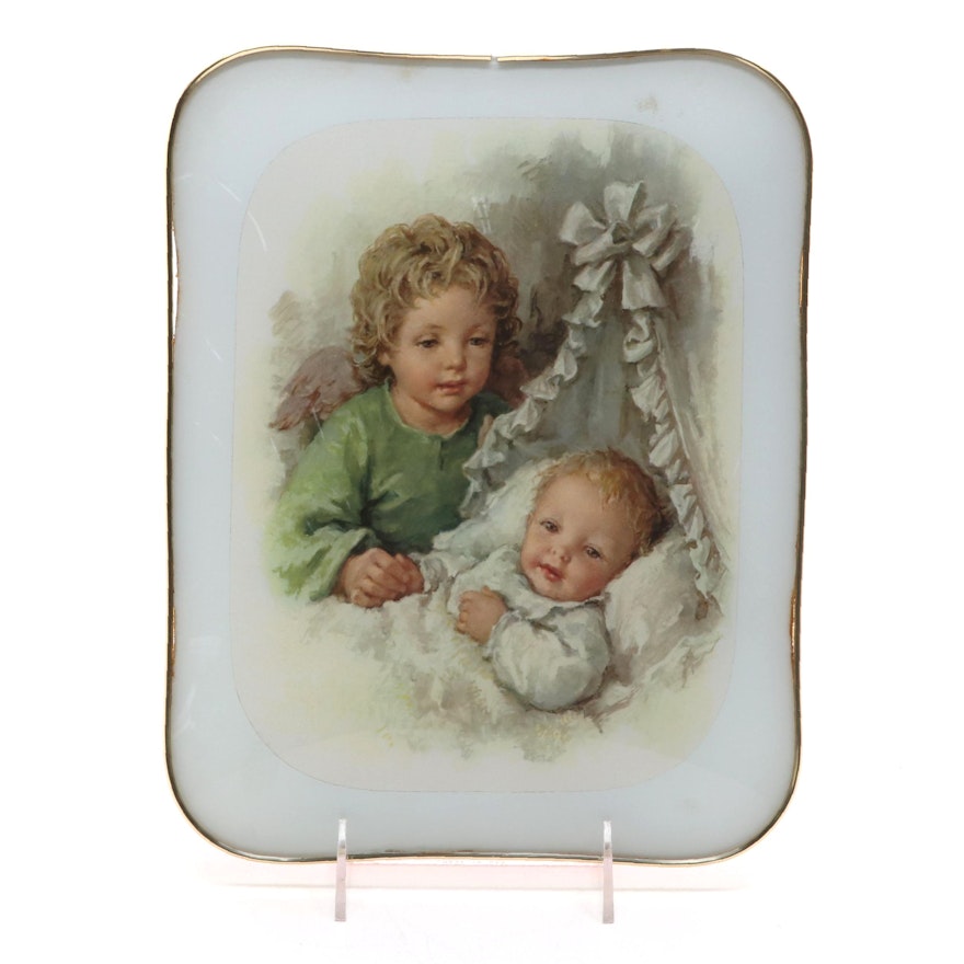 Italian Beveled Glass Wall Hanging of Angel Watching Over Child