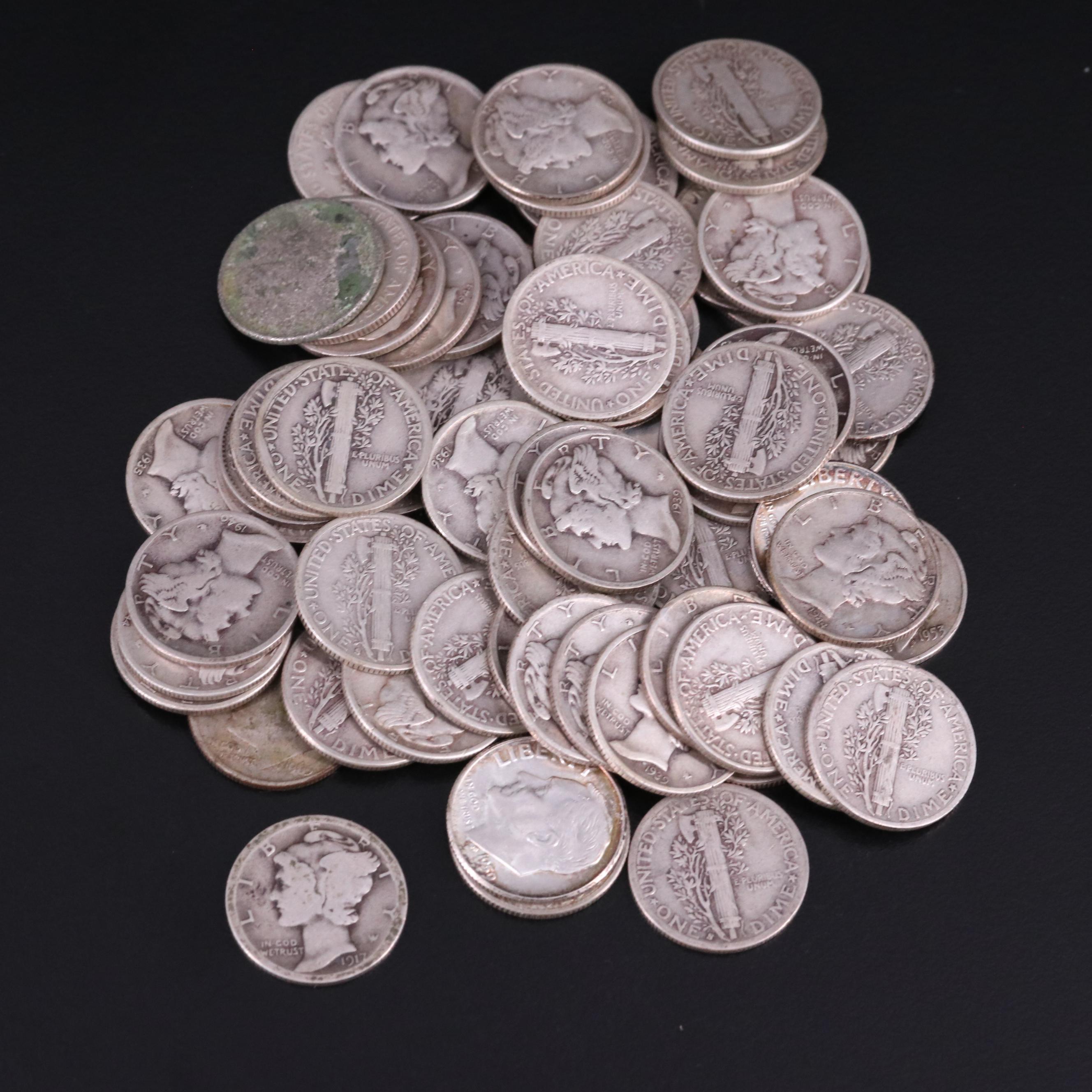 Collection of Sixty-One silver Mercury and Roosevelt Dimes Including a 1917-S