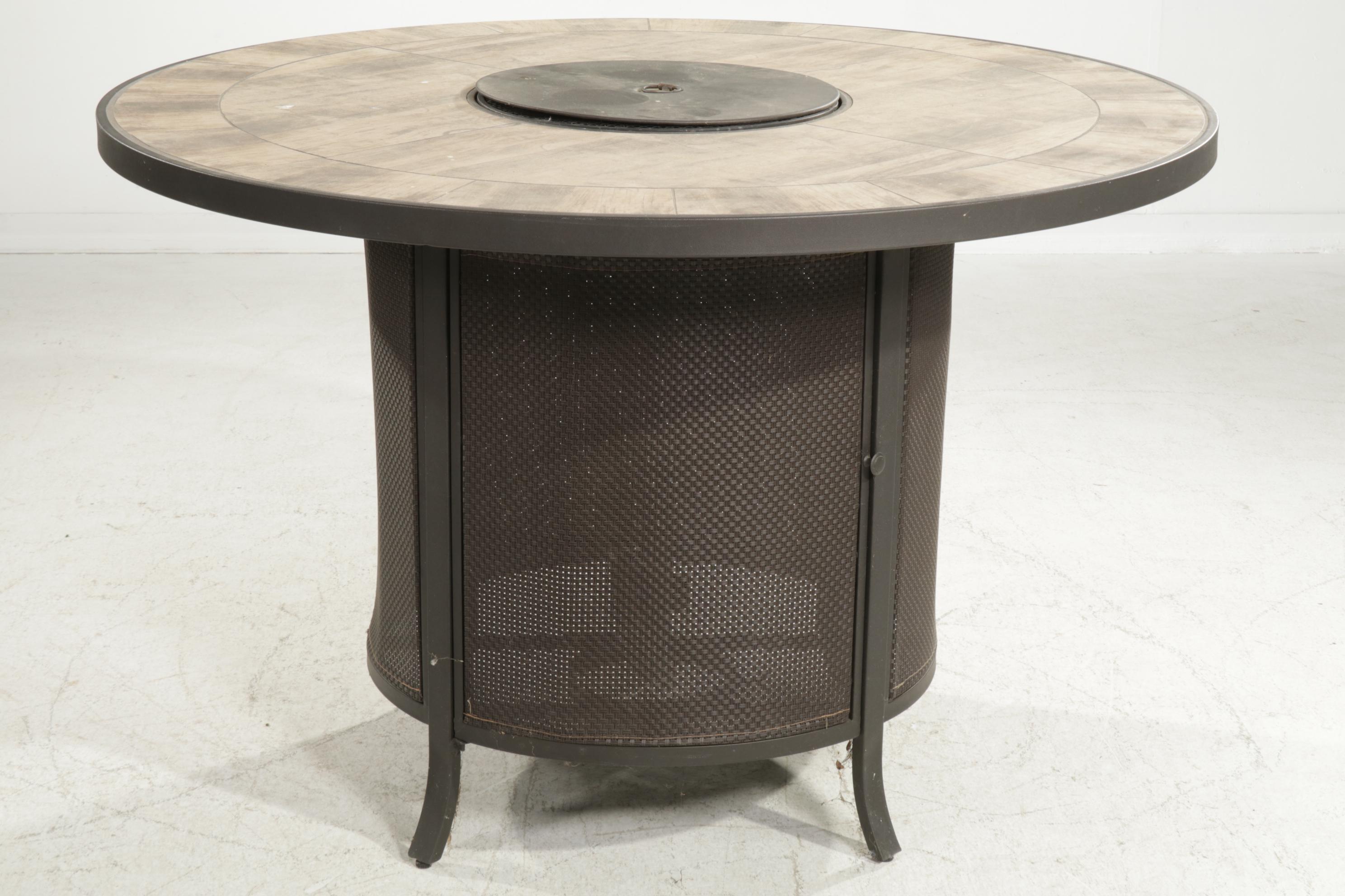 High-Top Patio Table with Integral Fire Pit and Six Barstools