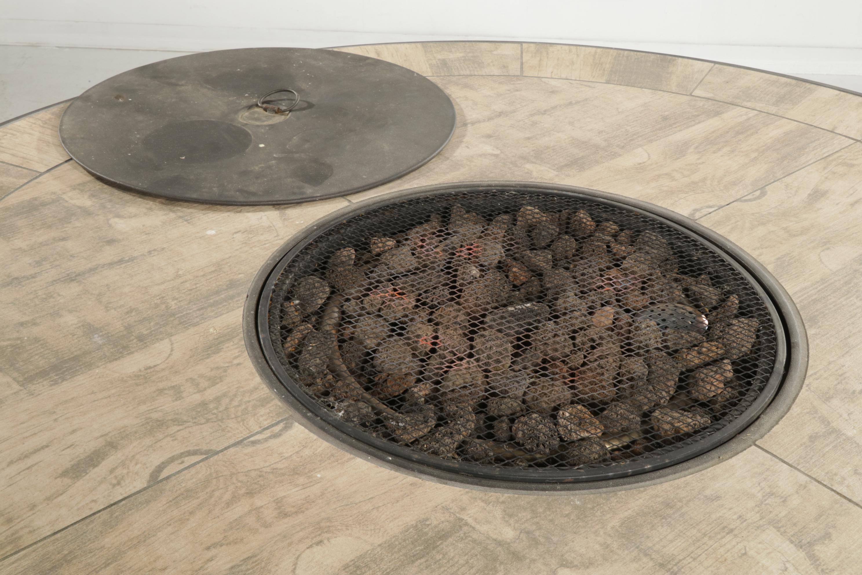 High-Top Patio Table with Integral Fire Pit and Six Barstools