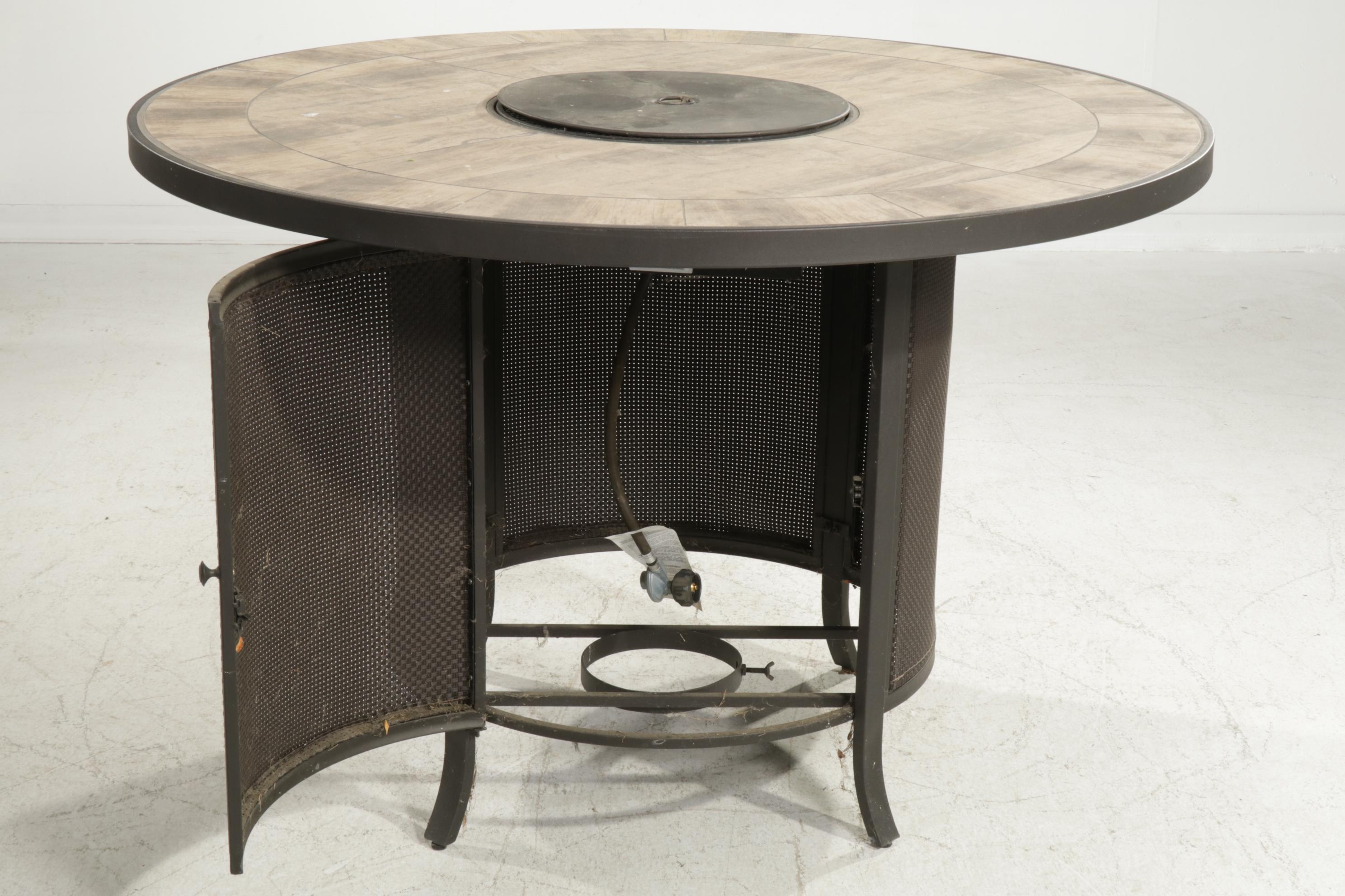 High-Top Patio Table with Integral Fire Pit and Six Barstools