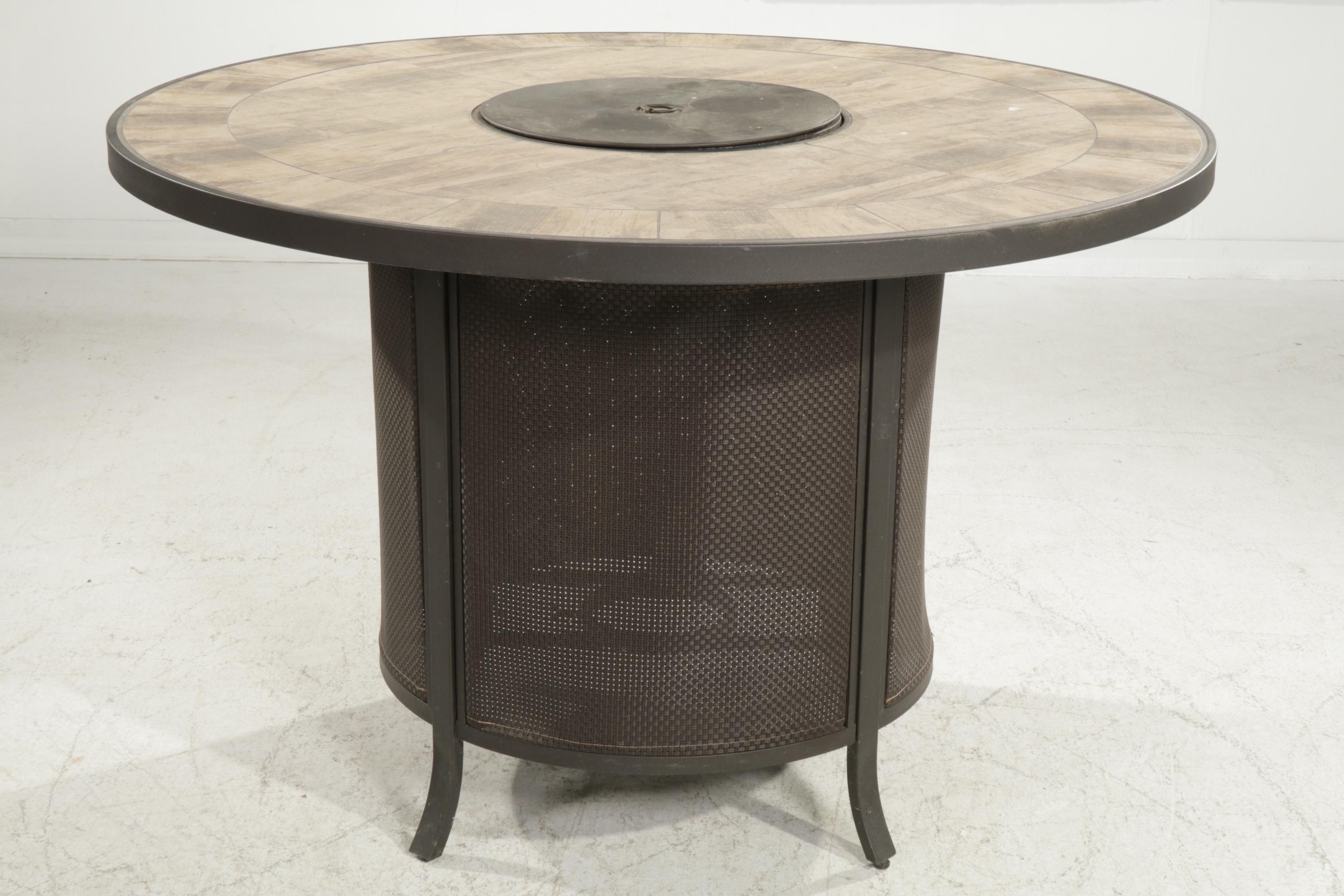 High-Top Patio Table with Integral Fire Pit and Six Barstools