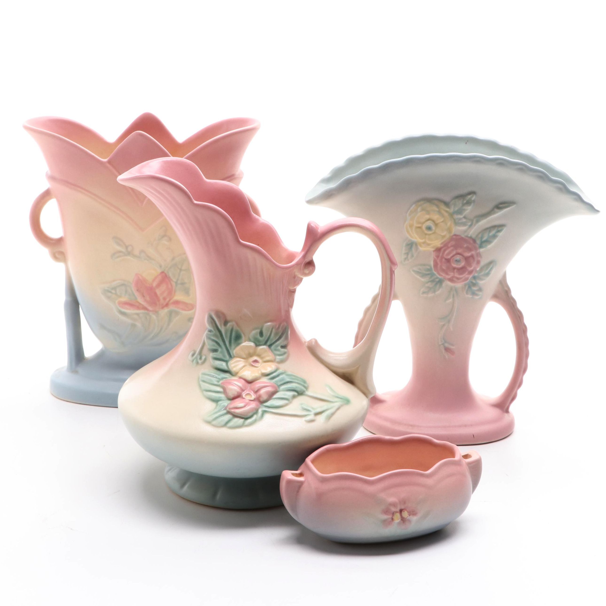 Hull Pottery "Open Rose," "Magnolia," and Other Vases with "Wildflower" Pitcher