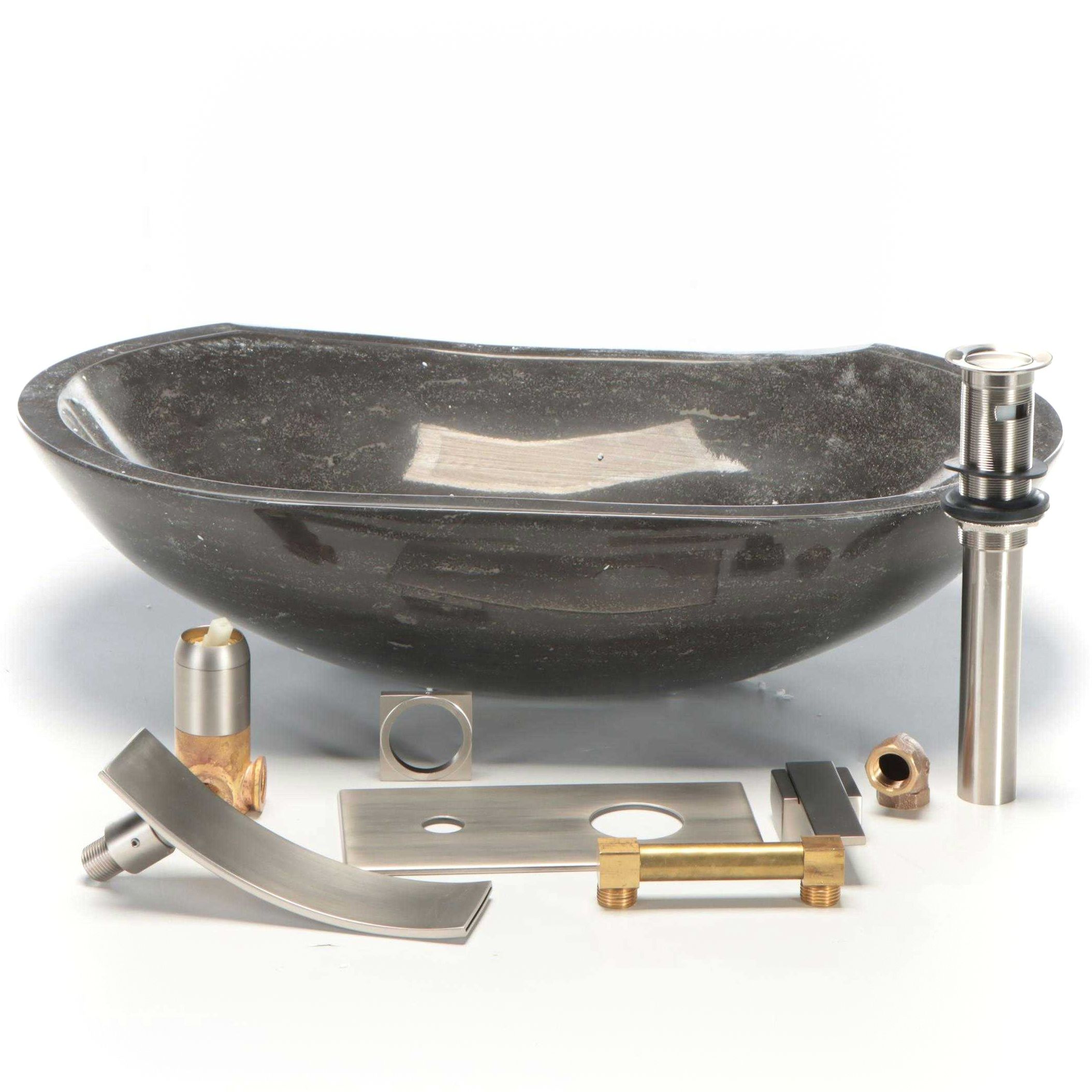 Blue Limestone Vessel Sink, Brushed Nickel Wall Mount Faucet and Pop Up Drain