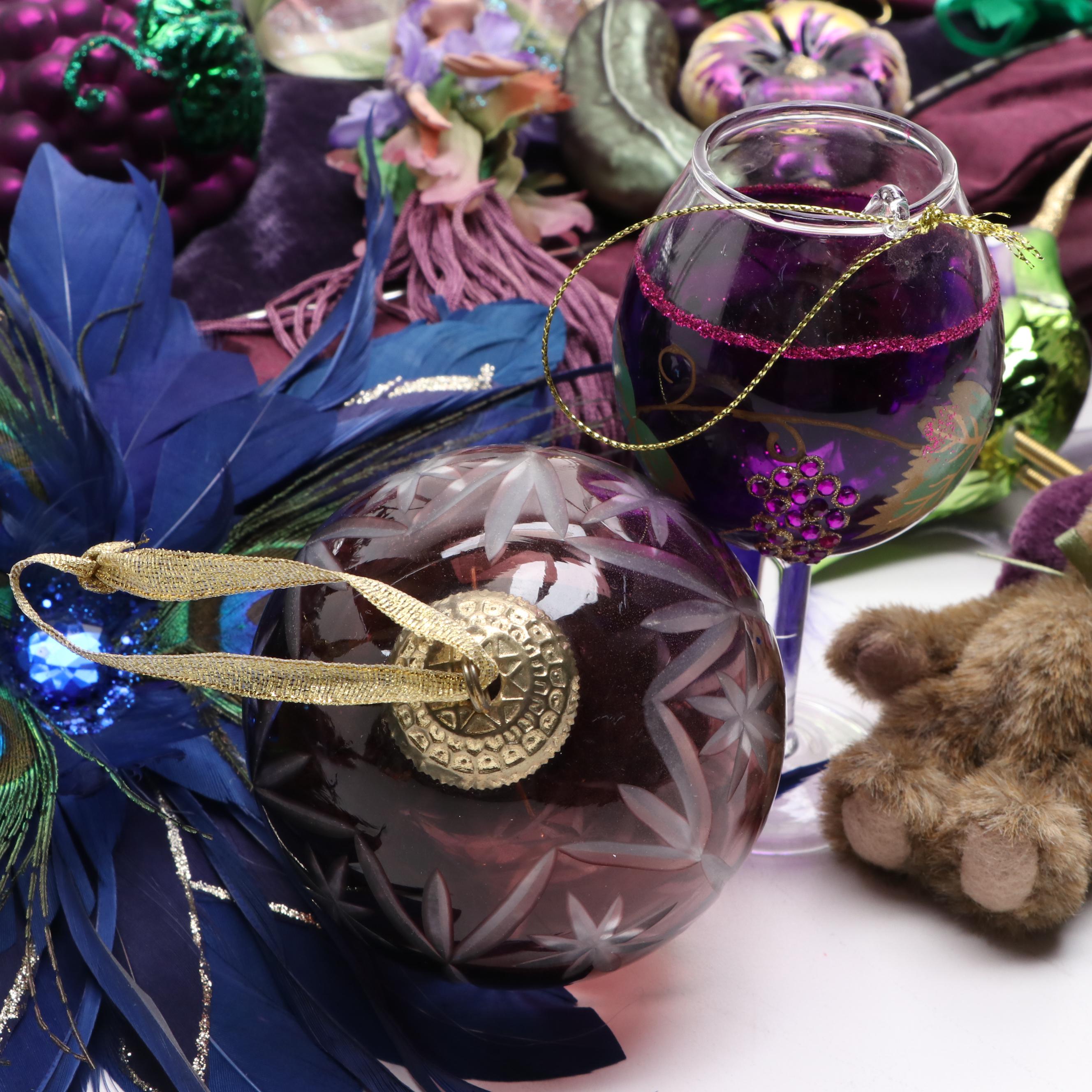 Peacock and Purple Themed Glass Ornaments with Other Christmas Decorations