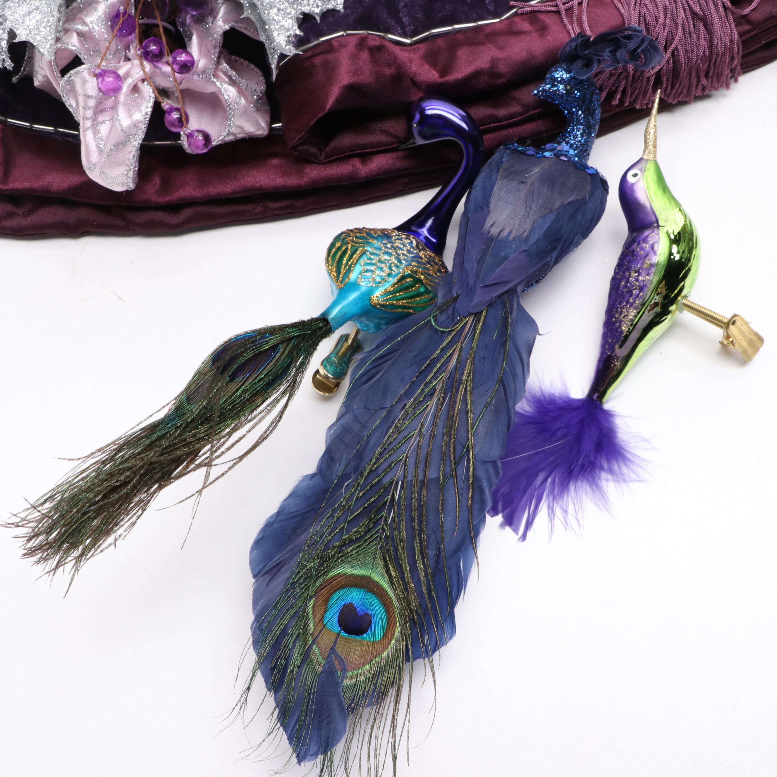 Peacock and Purple Themed Glass Ornaments with Other Christmas Decorations