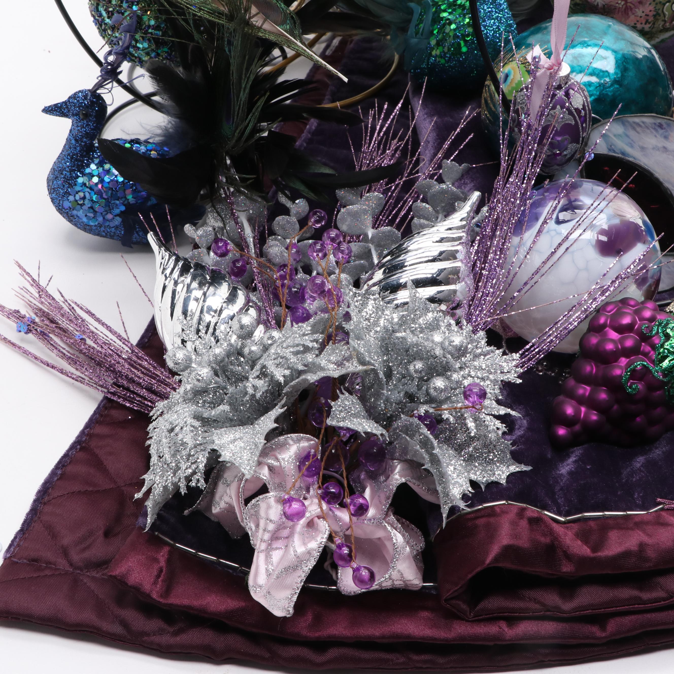 Peacock and Purple Themed Glass Ornaments with Other Christmas Decorations