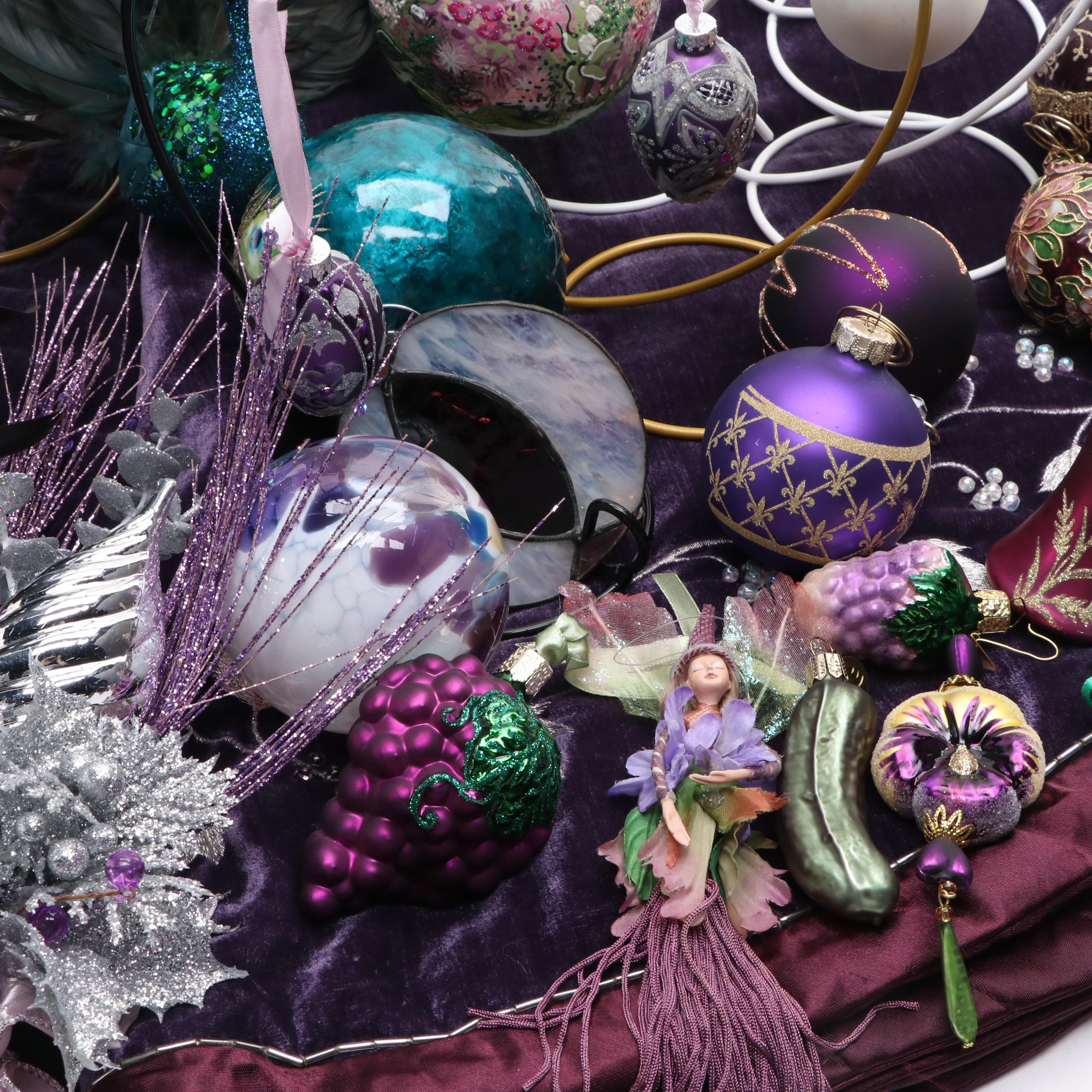 Peacock and Purple Themed Glass Ornaments with Other Christmas Decorations
