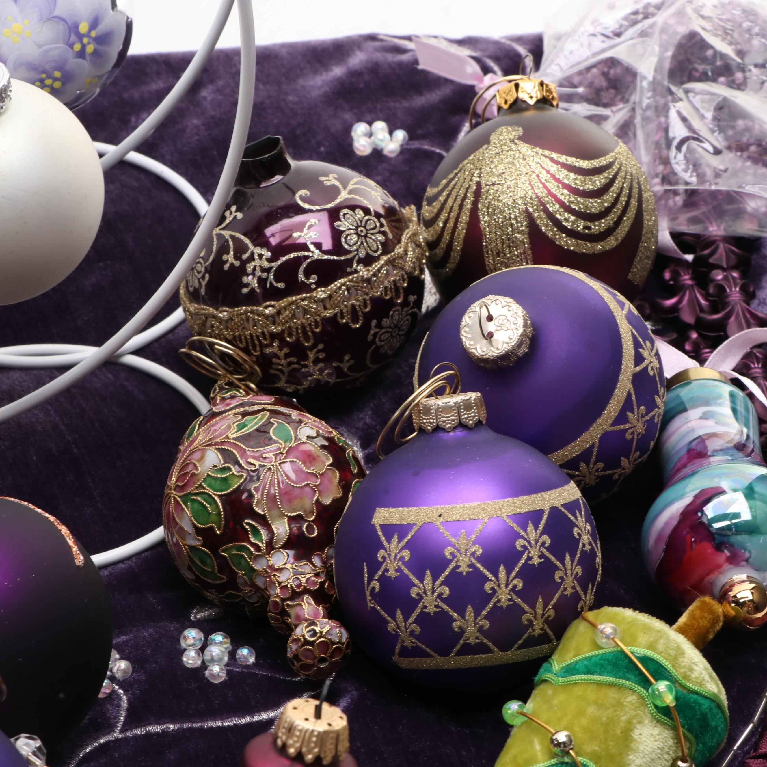 Peacock and Purple Themed Glass Ornaments with Other Christmas Decorations