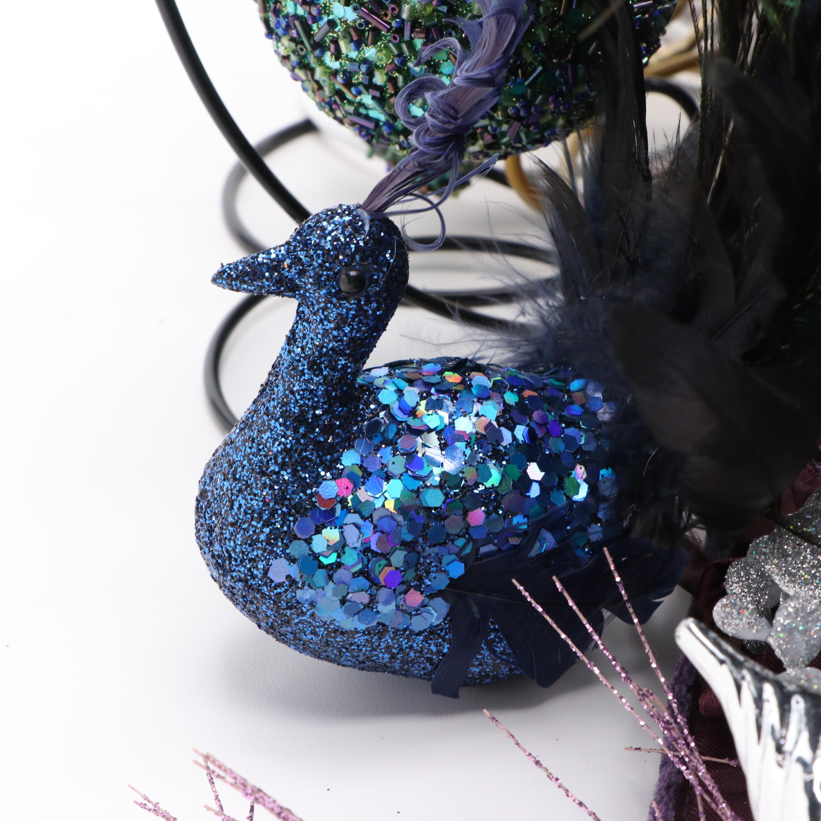 Peacock and Purple Themed Glass Ornaments with Other Christmas Decorations