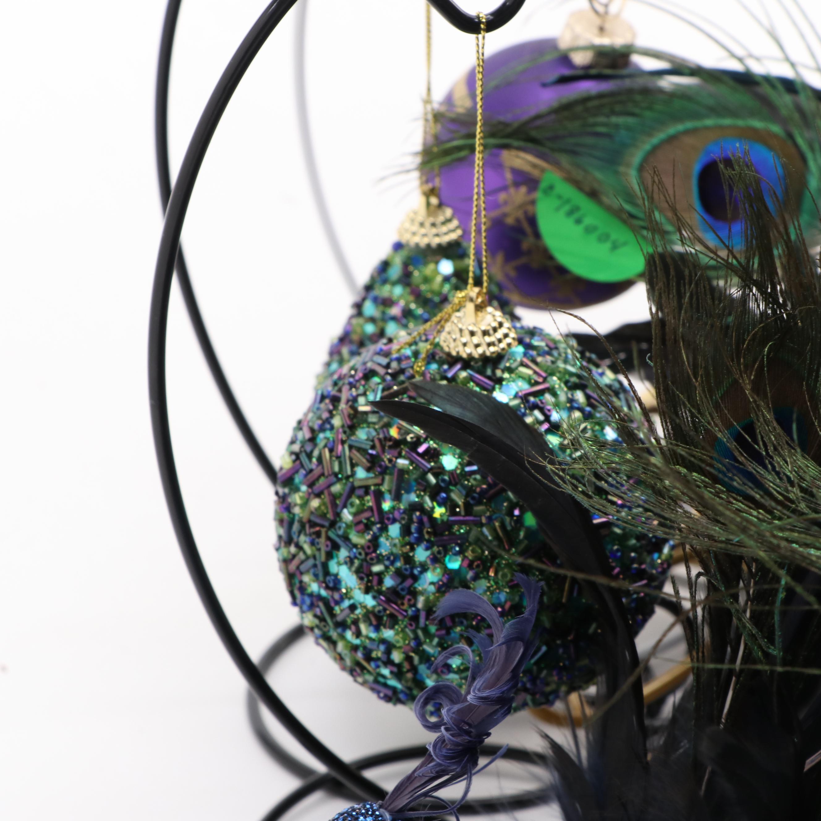 Peacock and Purple Themed Glass Ornaments with Other Christmas Decorations